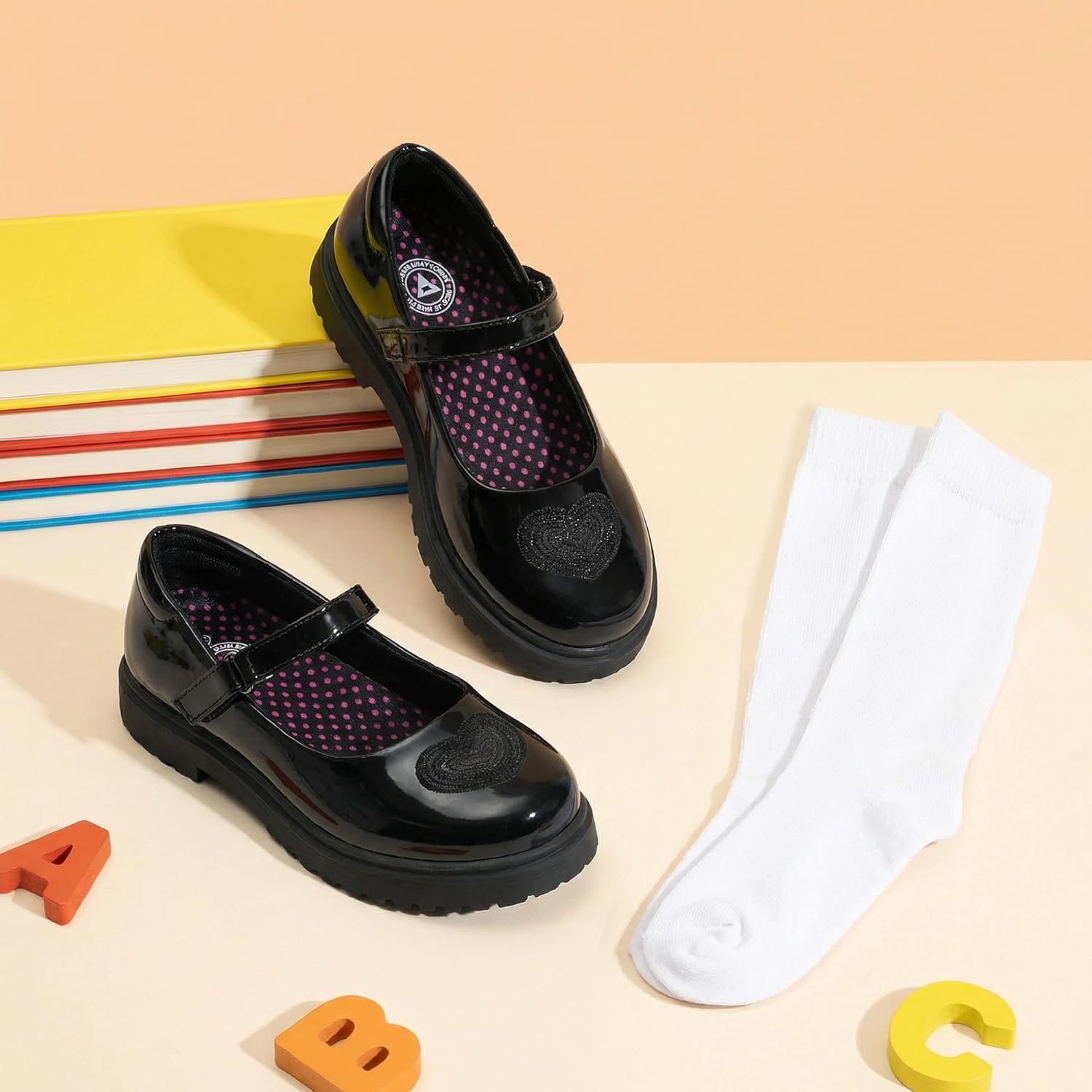 JABASIC School Shoes for Girls Mary Jane Uniform Oxford Dress Shoes with Knee High Socks