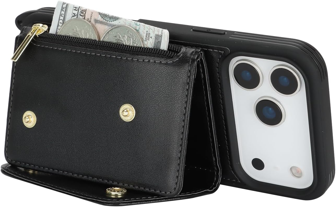 for iPhone 17 Pro Case with Card Holder and Strap - Zipper Pocket,Crossbody Lanyard Strap,Credit Card Holder,Stand Ring,Cute Phone Wallet Case for Women(Black,6.3 Inch) - Image 2