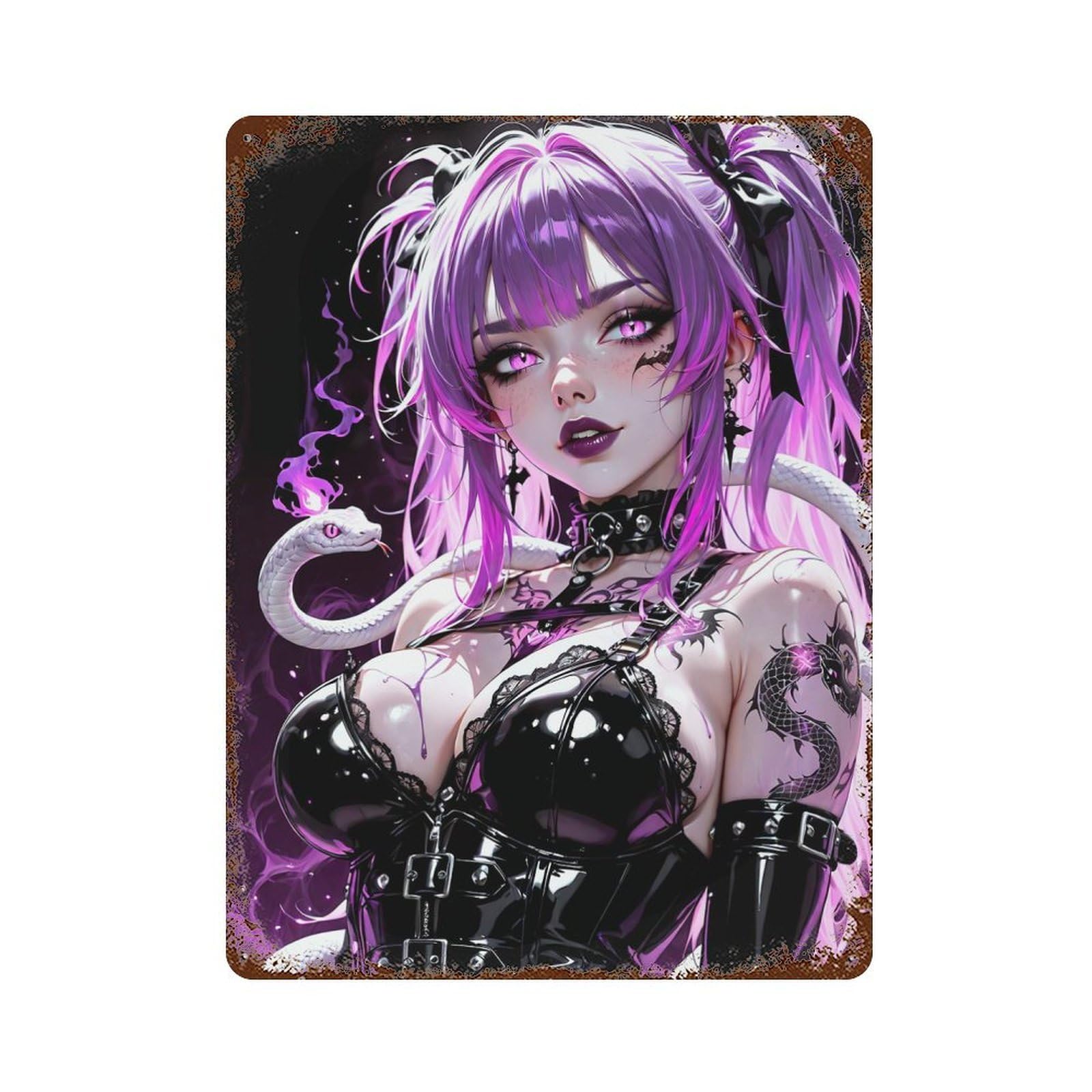 Rustic Tin Plaque with Gothic Anime Girl with Snake Design 15.7"x11.8", for Cafe, Home Bar And Lounge Decor, Novelty Wall Decor
