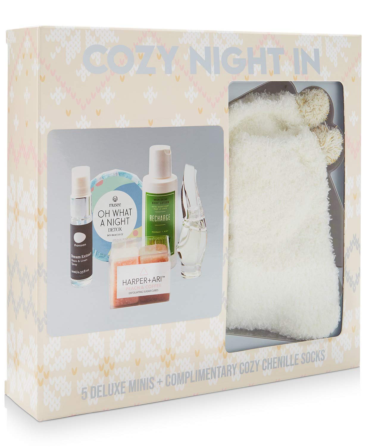 Macy’s 6-Pc Coziest Night Beauty Gift sets- Perfume, 0.17-oz.Room Spray, 9 ml Night Bath Balm, 5.5-oz. Coffee Exfoliating Sugar Cubes, 1.3-oz. Body Lotion, 2-oz. Cozy fuzzy socks, 1 pair.
