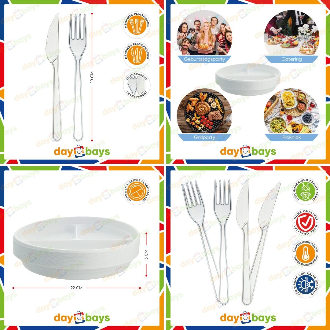 Mehrweg 200 Stk. 3-geteilt Plastikteller 200 Stk. Plastikgabel 200 Stk. Plastikmesser Set Mehrwegteller Plastikbesteck Partygeschirr Plastikgeschirr Set (200, 3-geteilt_Gabel_Messer)