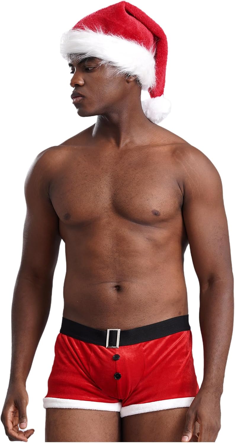 iiniim Men's Christmas Santa Claus Costume Velvet Briefs Lingerie Boxer Shorts Underwear with Hat