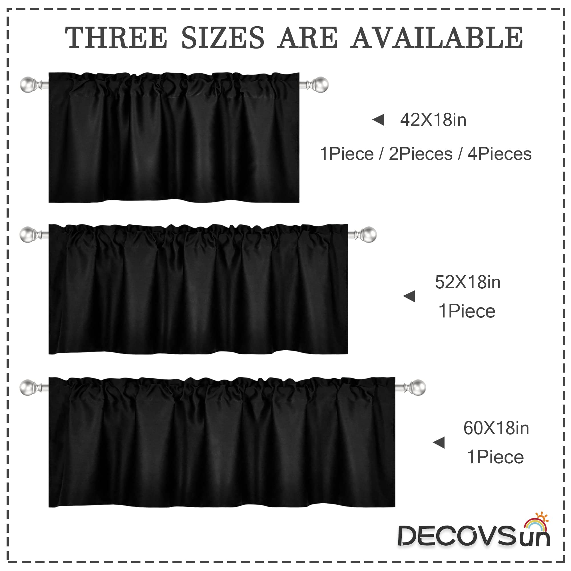 DECOVSUN Cantonnière Noire pour fenêtres de 132 x 45,7 cm - Isolation Thermique - Occultant - avec Passe-Tringle - pour Salle de Bain et Salon - 1 Panneau