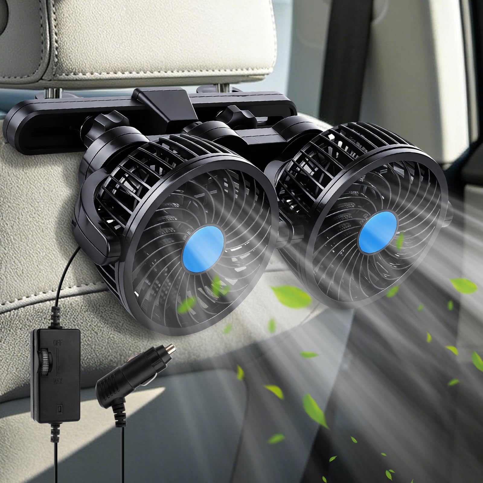 Mineup wentylator samochodowy na tylne siedzenia, 12V podwójny wentylator samochodowy do chłodzenia, podwójny wentylator samochodowy z 3 prędkościami, wentylator do samochodu, 360° obrotowy cichy