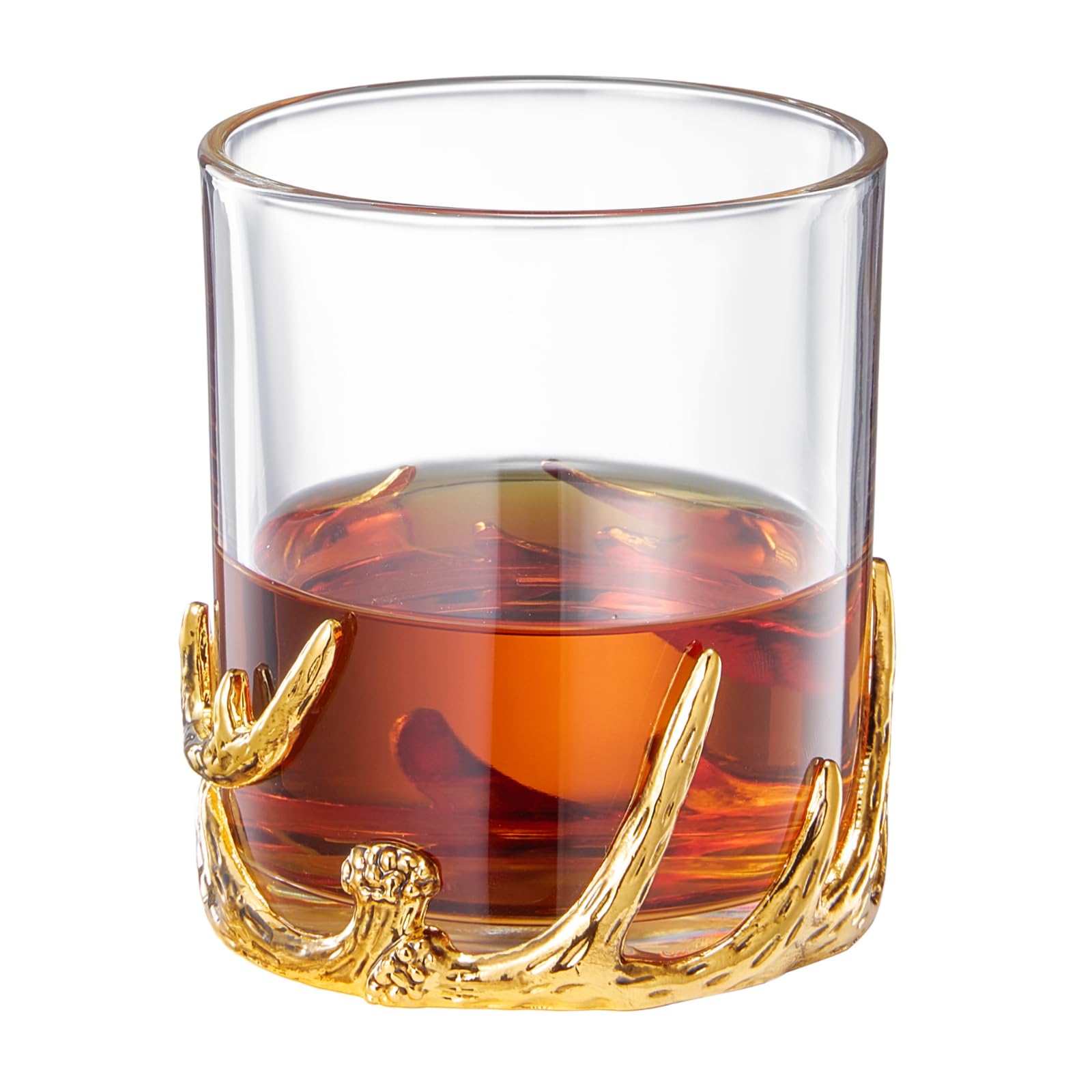 Verre à whisky double en bois doré à l'ancienne, 355,7 g, gobelet DOF avec base décorative, verrerie lourde pour bourbon, cocktails, bar rustique, décoration occidentale, cadeau unique pour lui ou