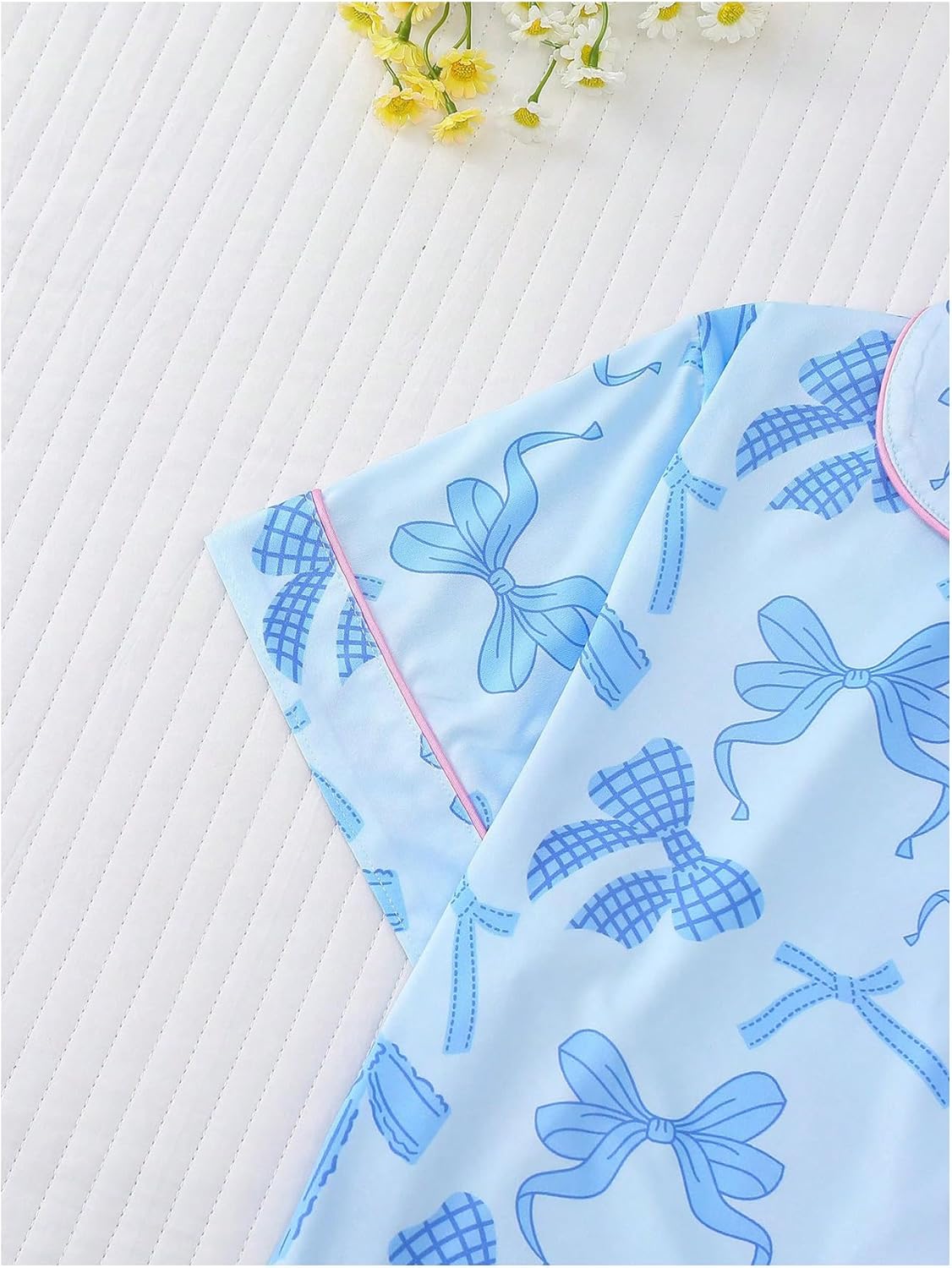 WDIRARA Women's 2 Piece Bow Print Pajama Set Short Sleeve Button Down Lounge Shorts Sleepwear Sets - Image 5