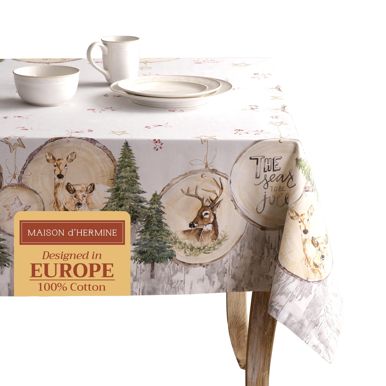 Maison d'Hermine Tischdecke Rechteckig 100% Baumwolle 180 cm x 140 cm Wiederverwendbar Alltagsgebrauch für Weihnachtsdekorationen Esszimmer Landhaus Zuhause Party Festlich (Mountain Life)