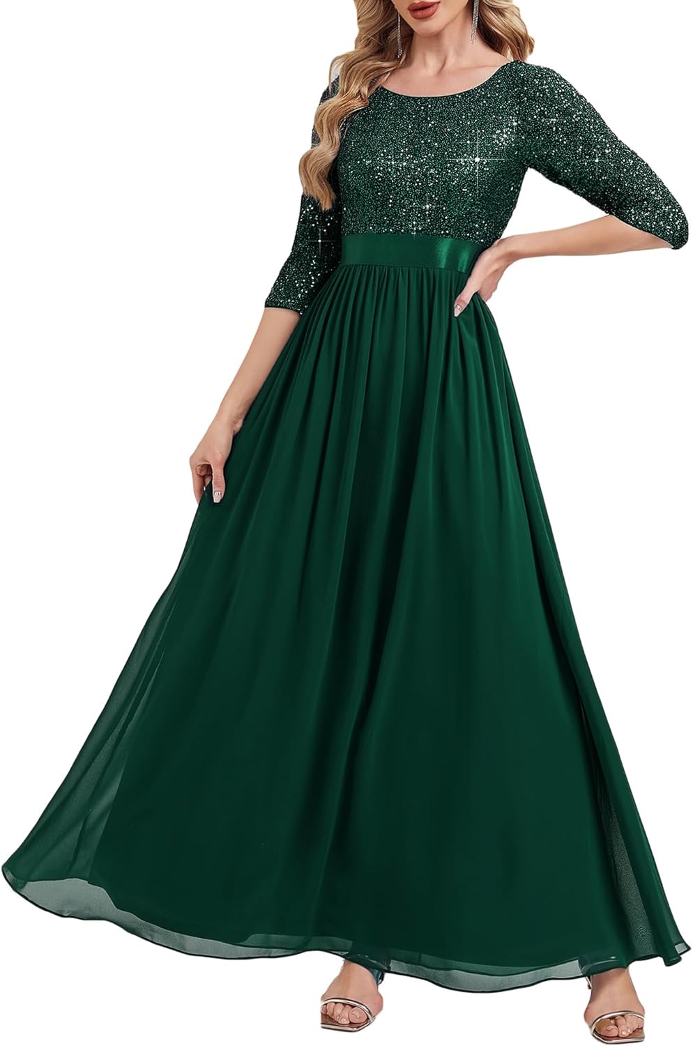 Ever-Pretty Women's Sequin Chiffon Formal Dresses A-Line Half Sleeves Maxi Evening Gown Mother of Bride Dress