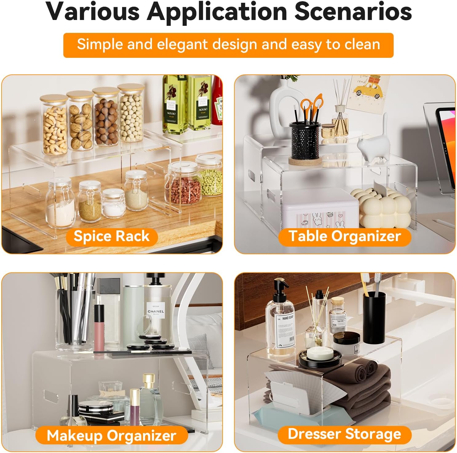 Clear Cabinet Organizer, 2 Pack Acrylic Shelves for Kitchen Pantry Organizers and Storage, Spice Rack Display Shelf Organizer for Shelving Room Decor Countertop Dishes, Soda Cans and Cup