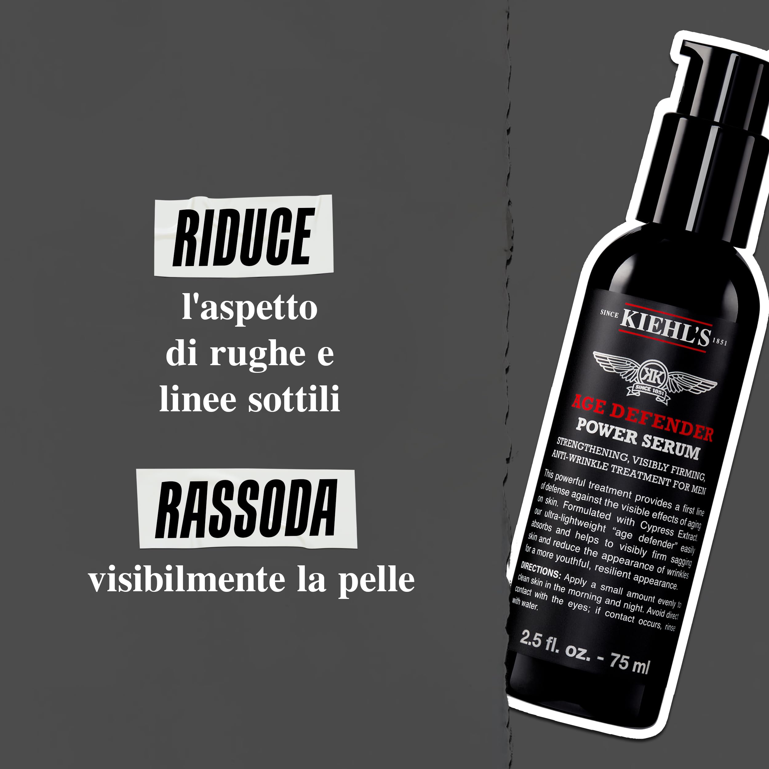KIEHL'S Age Defender Power Serum, Siero Anti Età, Per la Pelle Maschile, Azione Rassodante, Riduce Rughe e Linee Sottili, Con Estratto di Cipresso e Adenosina, 75 ml