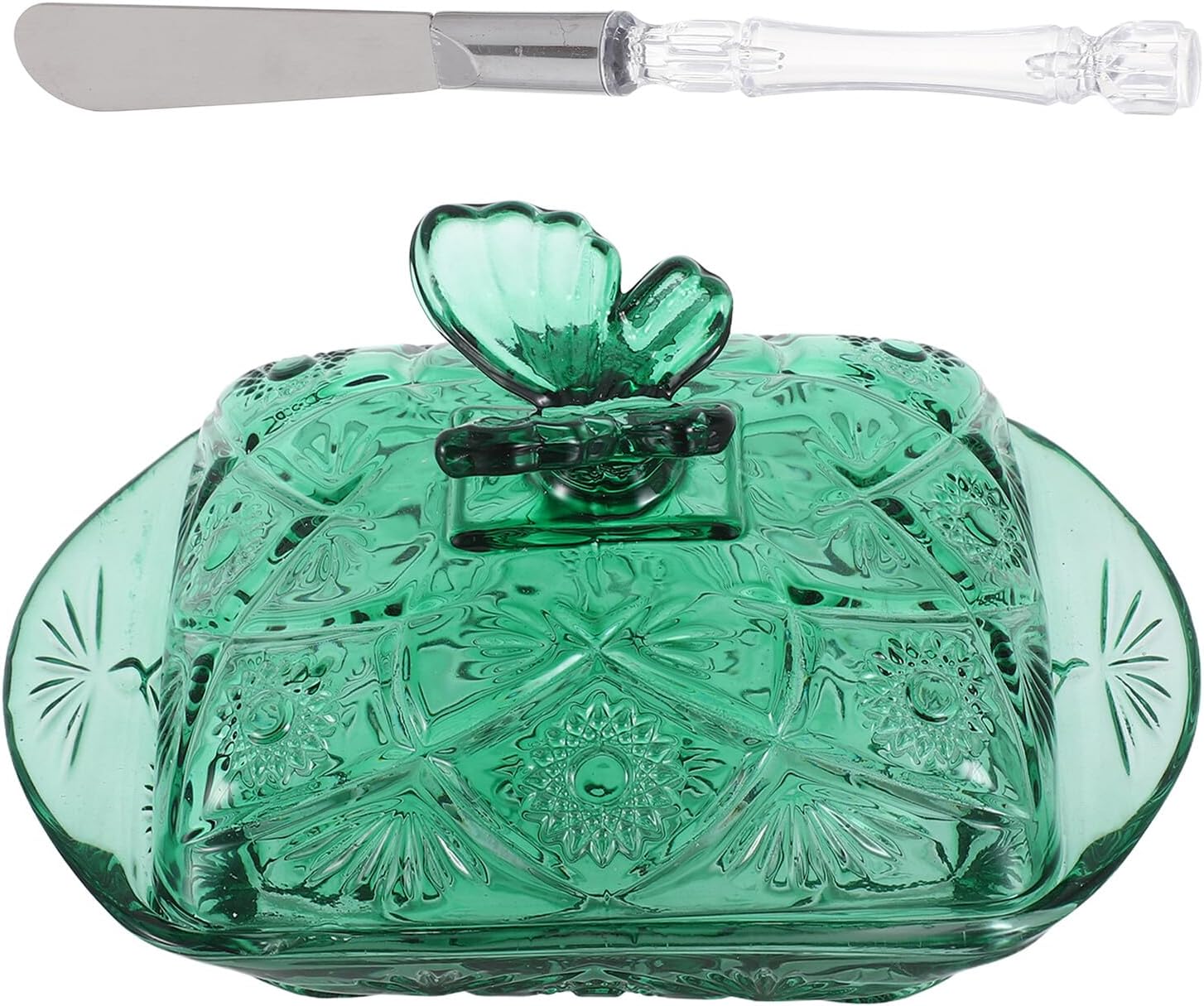 Alipis Glass Butter Dish with Lid and Knife, Green Vintage Covered Butter Tray, Refrigerator Storage Container for Countertop Use, Kitchen Dining Serveware