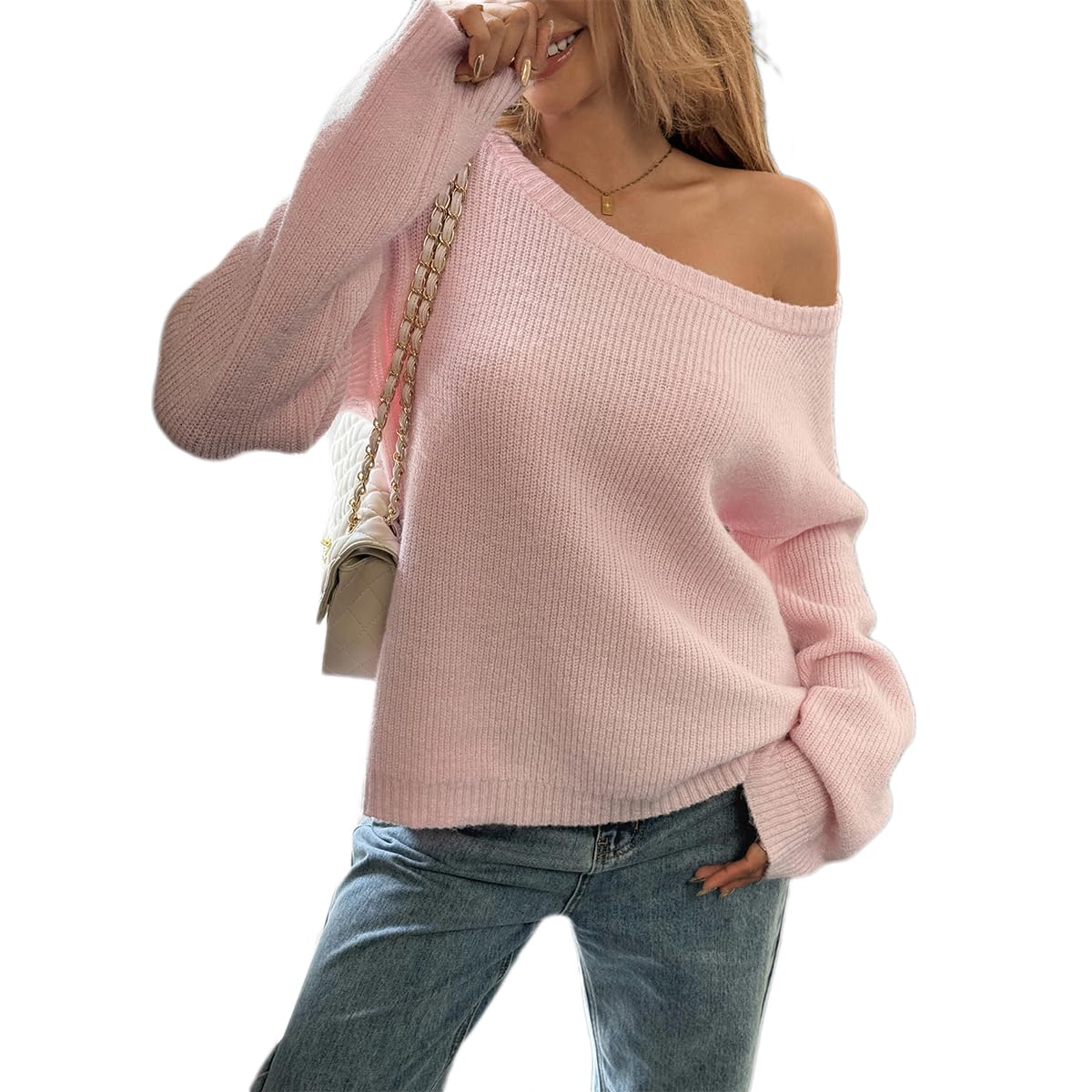 Women Casual Long Sleeve Fall Sweaters Off The Shoulder Solid Color Soft Knitted Oversized Pullover Loose Fit