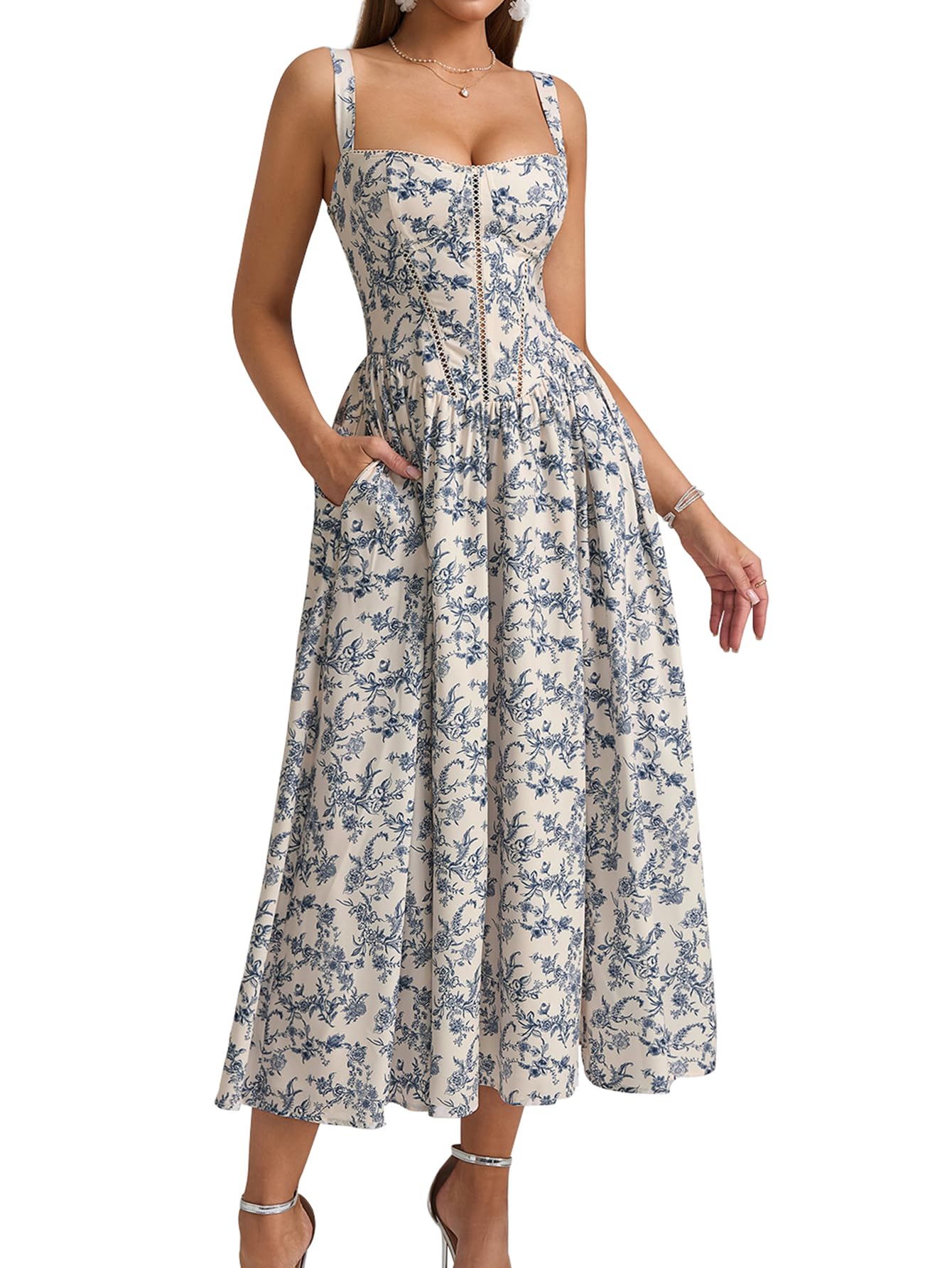 KUTUMAI Floral Corset Midi Dress Flowy Slit Summer Spring Wedding Guest Dresses for Women Sundress with Pockets