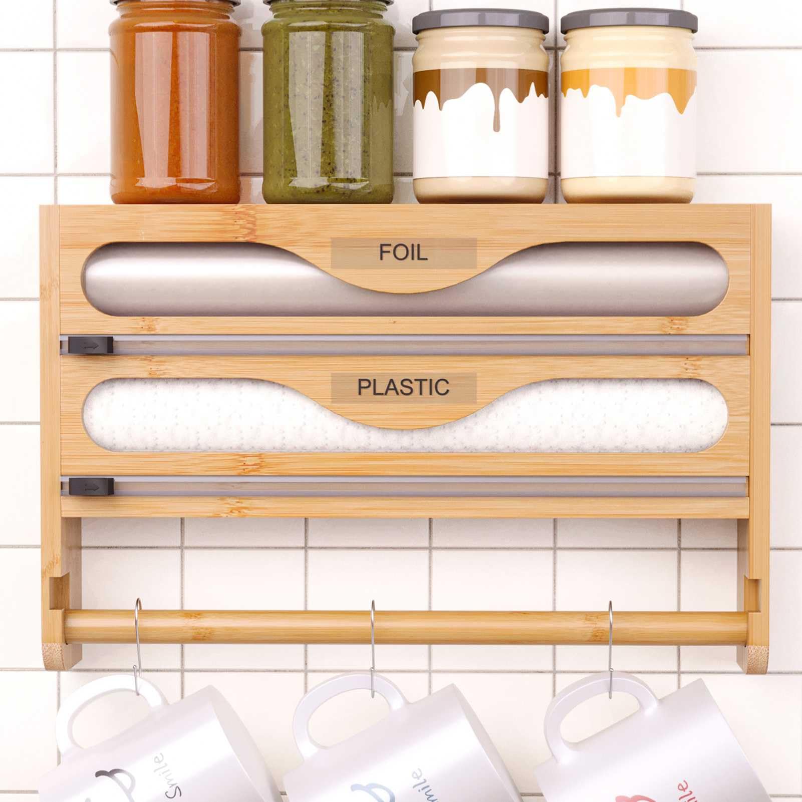 Dispensador de Papel de Aluminio, dispensador de Papel de Aluminio con Cortador, Soporte de Toalla de Papel de Cocina de bambú montado en la Pared Que se Adapta a Rollos de 12"(2 Tier)