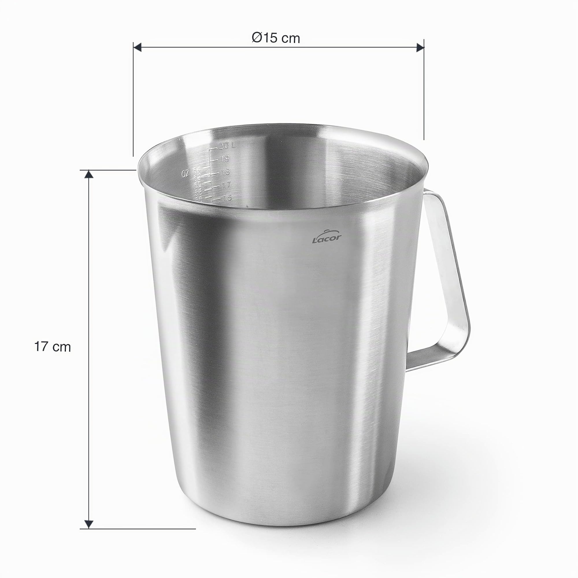 Lacor - 62742 - Caraffa graduata, misurino, misuratore dei liquidi, acciaio inox, senza BPA, 15 cm, 2 l