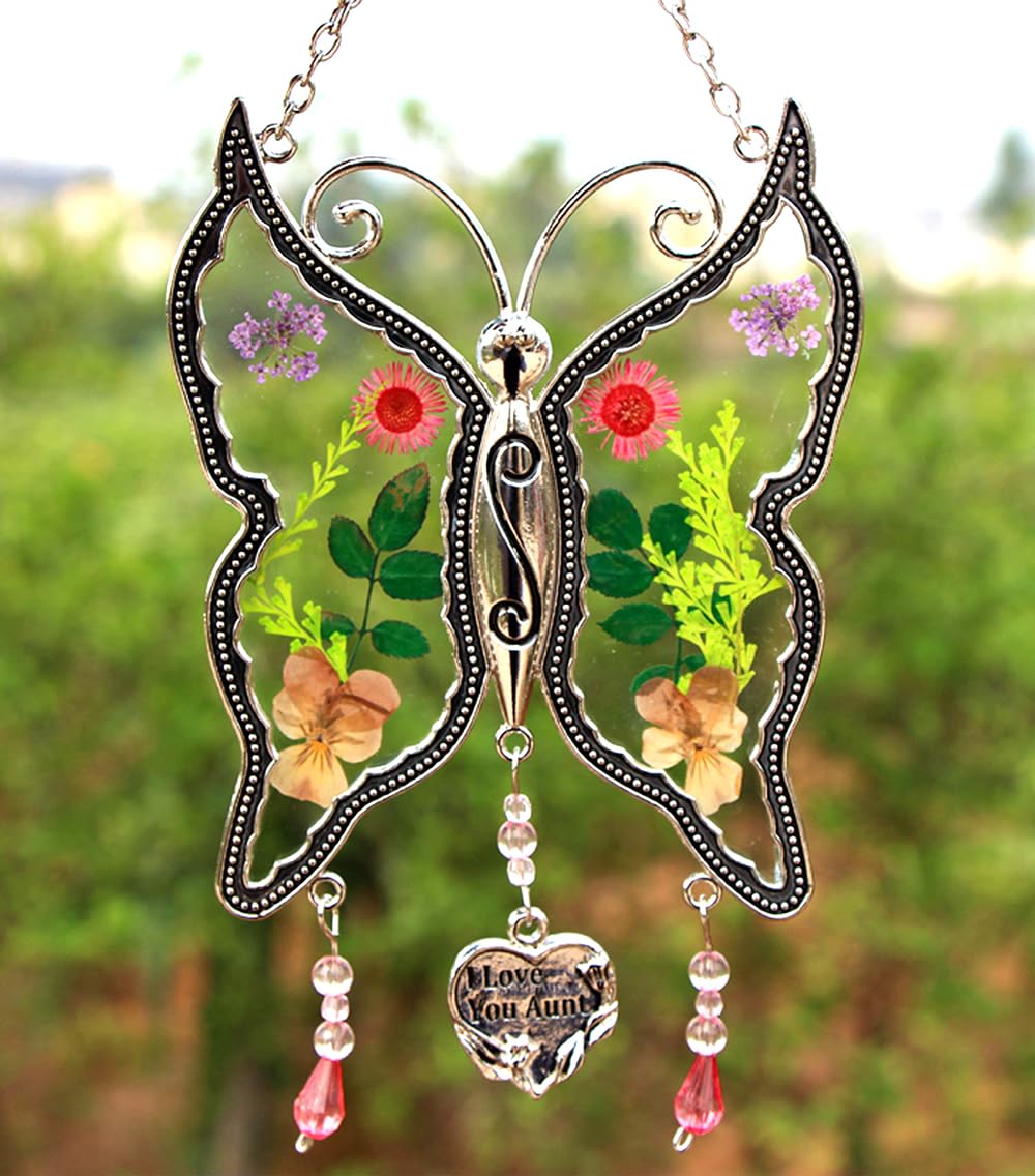 KY&BOSAM I Love You Aunt Butterfly Sun-Catchers Gifts for Aunt, Pressed Flower Between Wings Glass for Window, Silver Metal Engraved Charm, as Mother's Day Aunt Birthday from Daughter-image-4