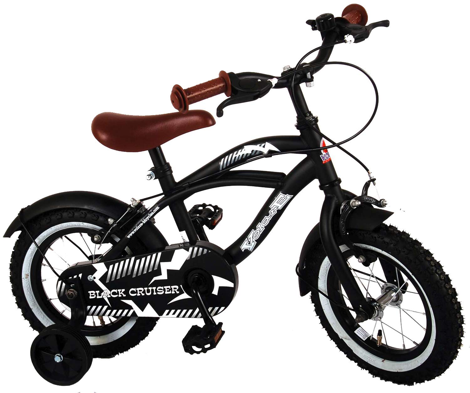 Kinderfahrrad Volare Black Cruiser 12 Zoll Mattschwarz | Metallrahmen Stützräder 2 Felgenbremsen Weißwandreifen Fahrradklingel