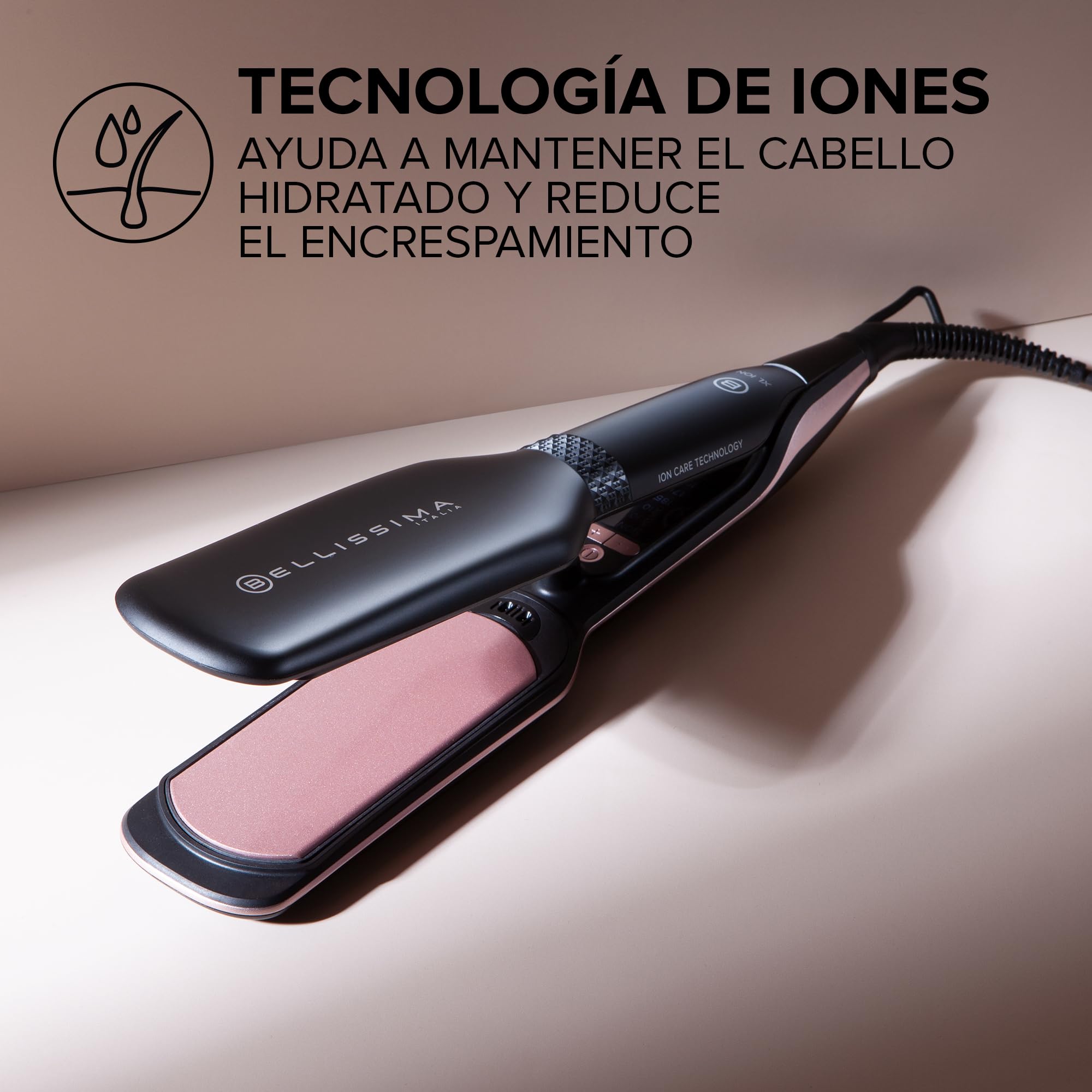 Bellissima XL ION Plancha de Pelo, Plancha Ancha, Ionizador, Calor Constante, Revestimiento Cerámico y Queratínico, 5 Temperaturas de 150 A 230°C, Calentamiento Rápido, Cable de 1.8 m