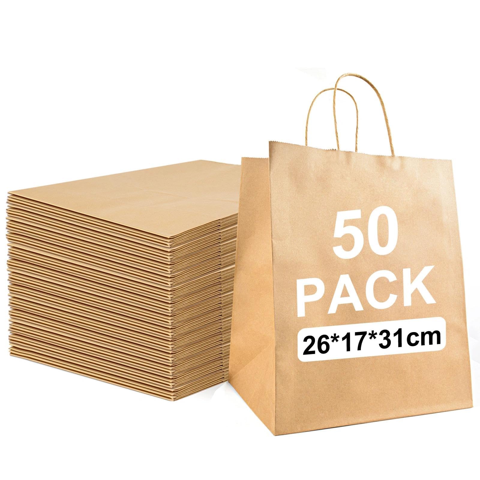 50 Pcs Brown Paper Bags With Handles, 130GSM(26×17×31cm), Large Kraft Carrier Bags for Business, Retail, Shopping & Gifts