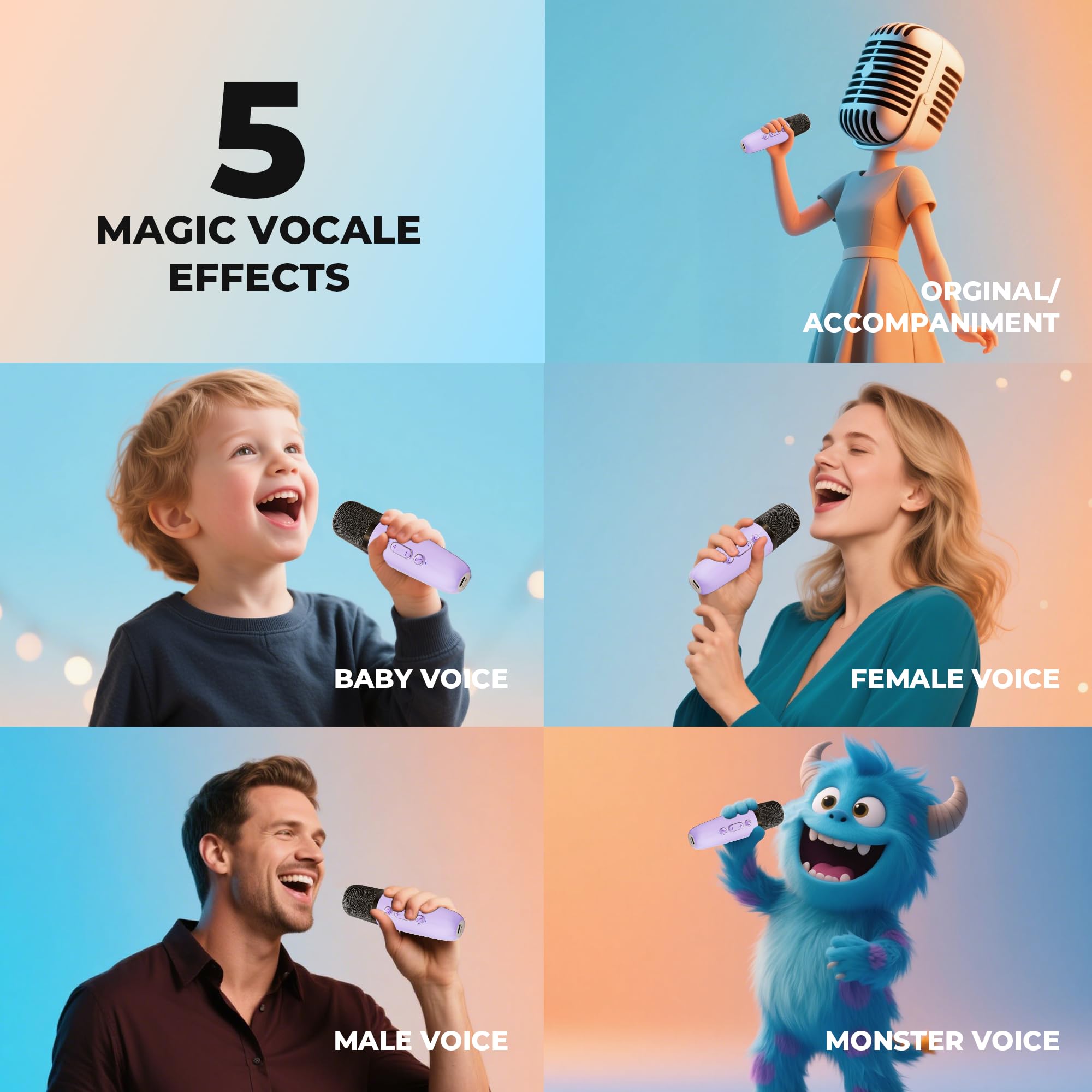 Ankuka urządzenie do karaoke z 1 mikrofonem bezprzewodowym dla dzieci, przenośny zestaw Bluetooth KTV, głośnik z efektami zmiany głosu i diodami LED, dla chłopców i dziewczynek, prezent na imprezę