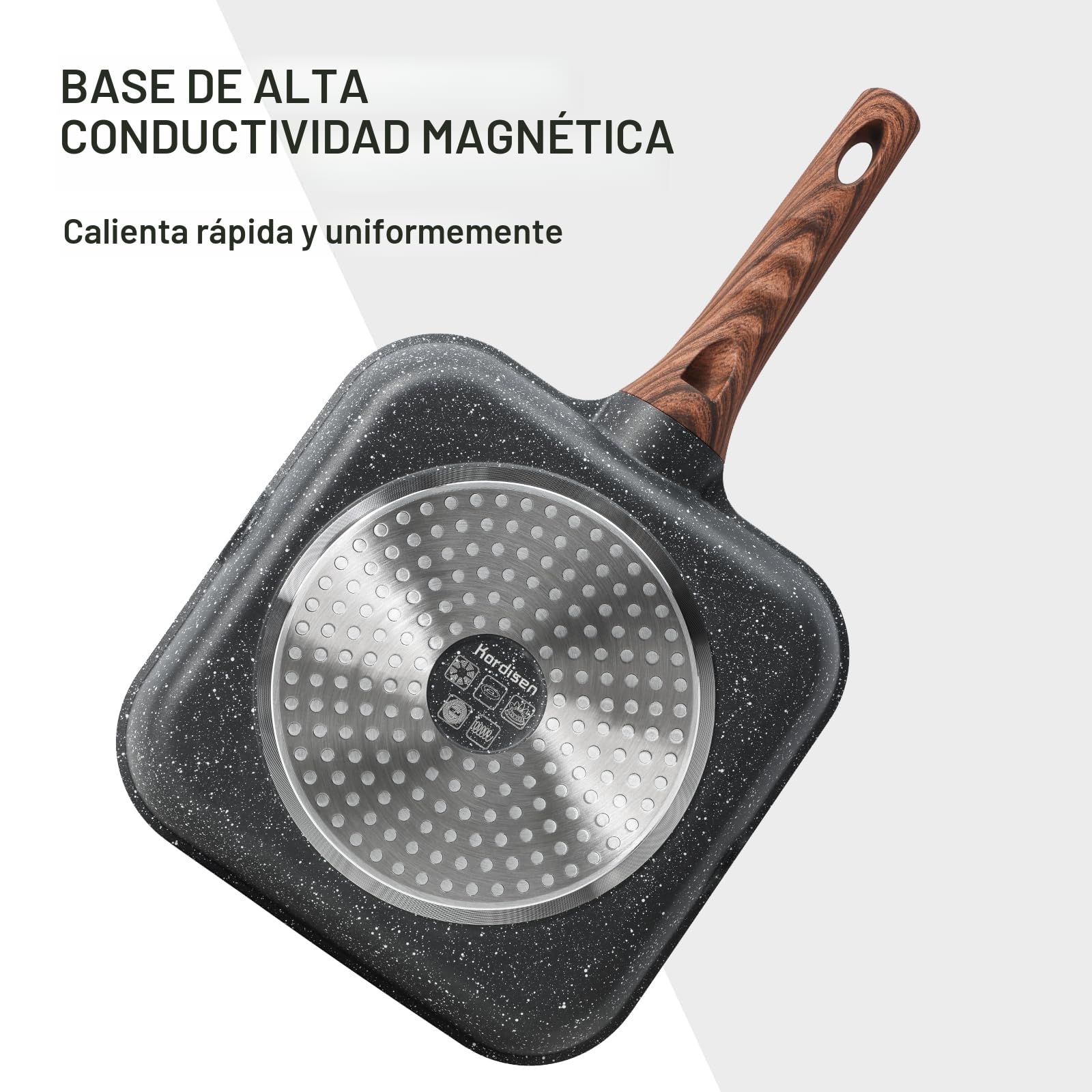Kordisen Sartén antiadherente con tapa para estufas, sartén cuadrada de 28 cm para cocinar en interiores, sartén con revestimiento de granito con boquillas de vertido, plancha versátil