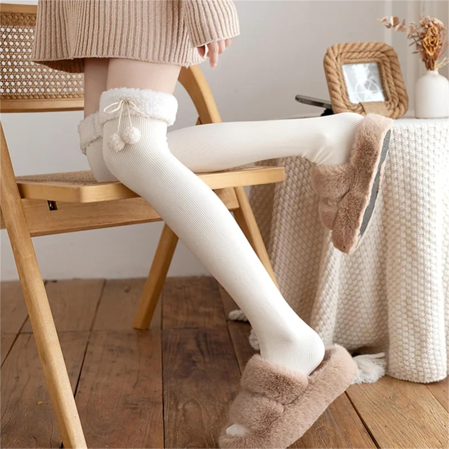 Over The Knee Socks 5 PCS Fur Wool Ball Long Knee Socks For Women Over Thigh High Stockings Autumn For Women