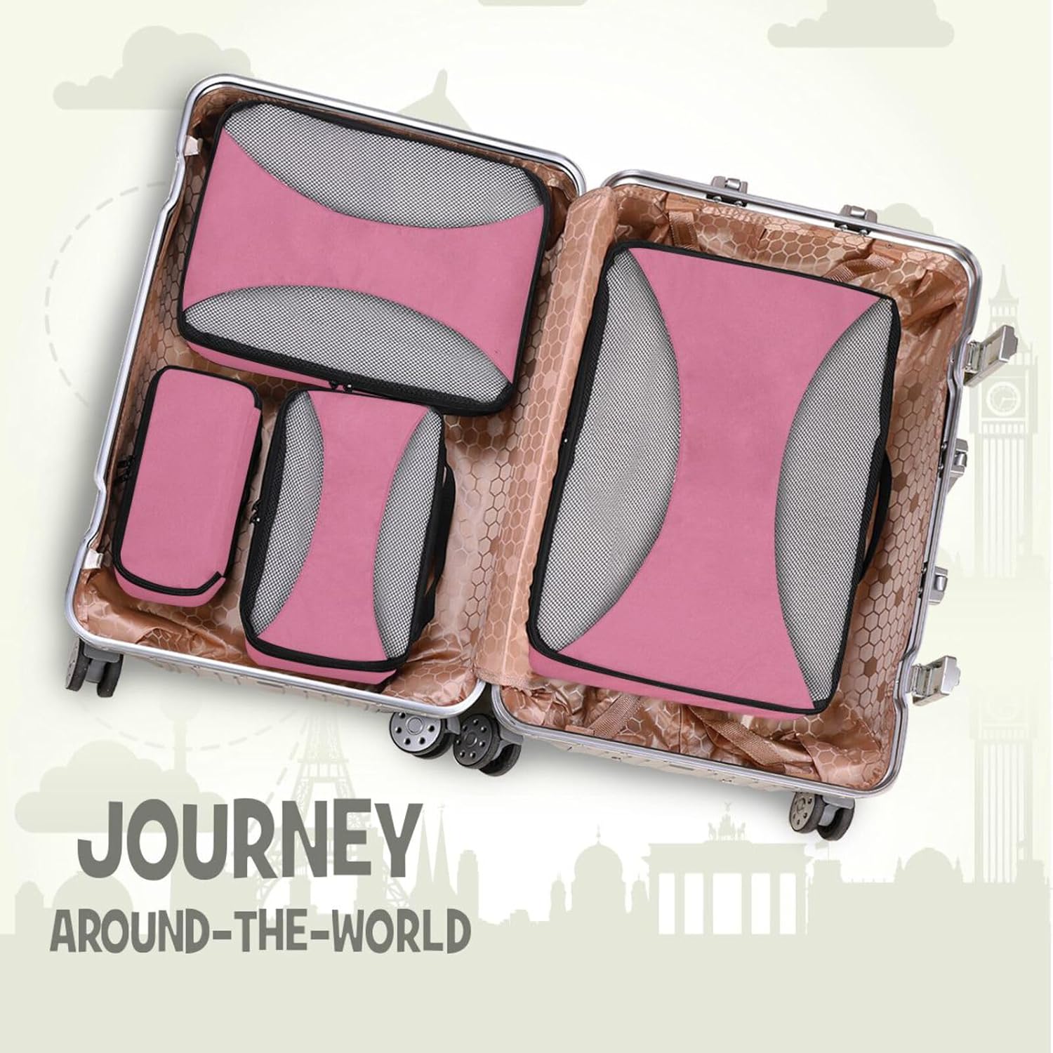 Pale Violet Red Solid Color Pure Plain 4 Pcs set organizer bags for Mesh Travel Essentials lightweight travel cubes for packing