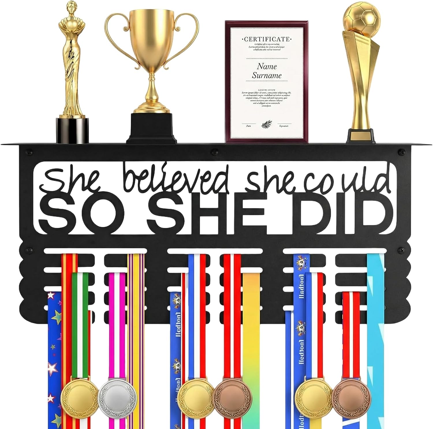 Medal Hanger Display wtih Trophy Shelf, Metal Race Medal Holder Wall Hanger with Motivational Words - She Believed She Could So She Did, Ribbon Display for Women Sport Race Runner, Easy to Install