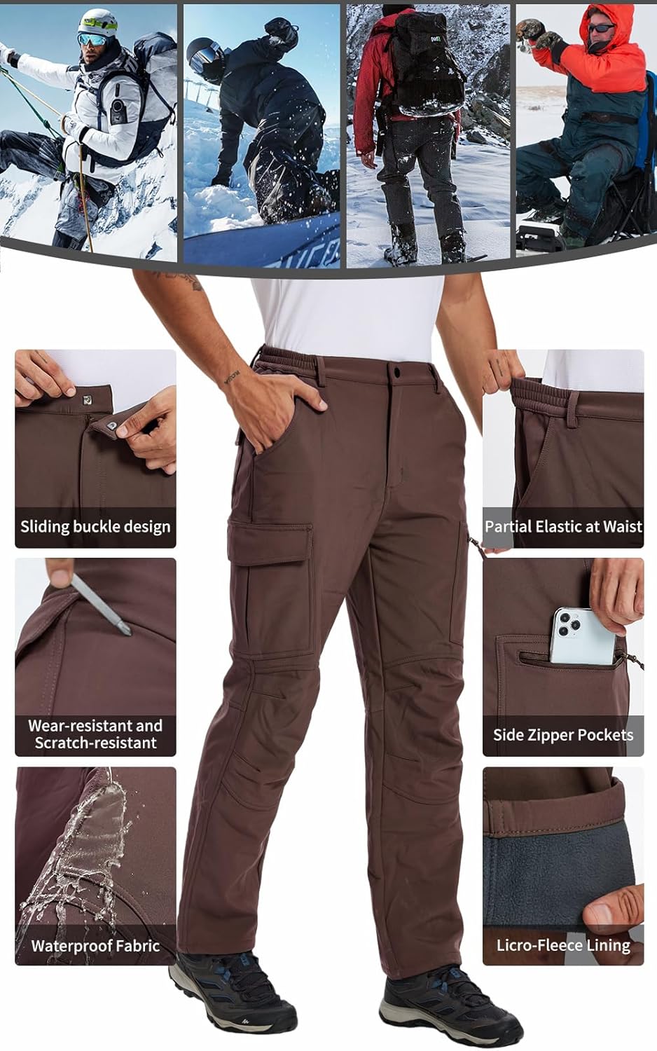 Men's Snow Pants Ski Softshell Warm Outdoor Fleece Lined Insulated Waterproof Winter Work Travel Hiking Pants