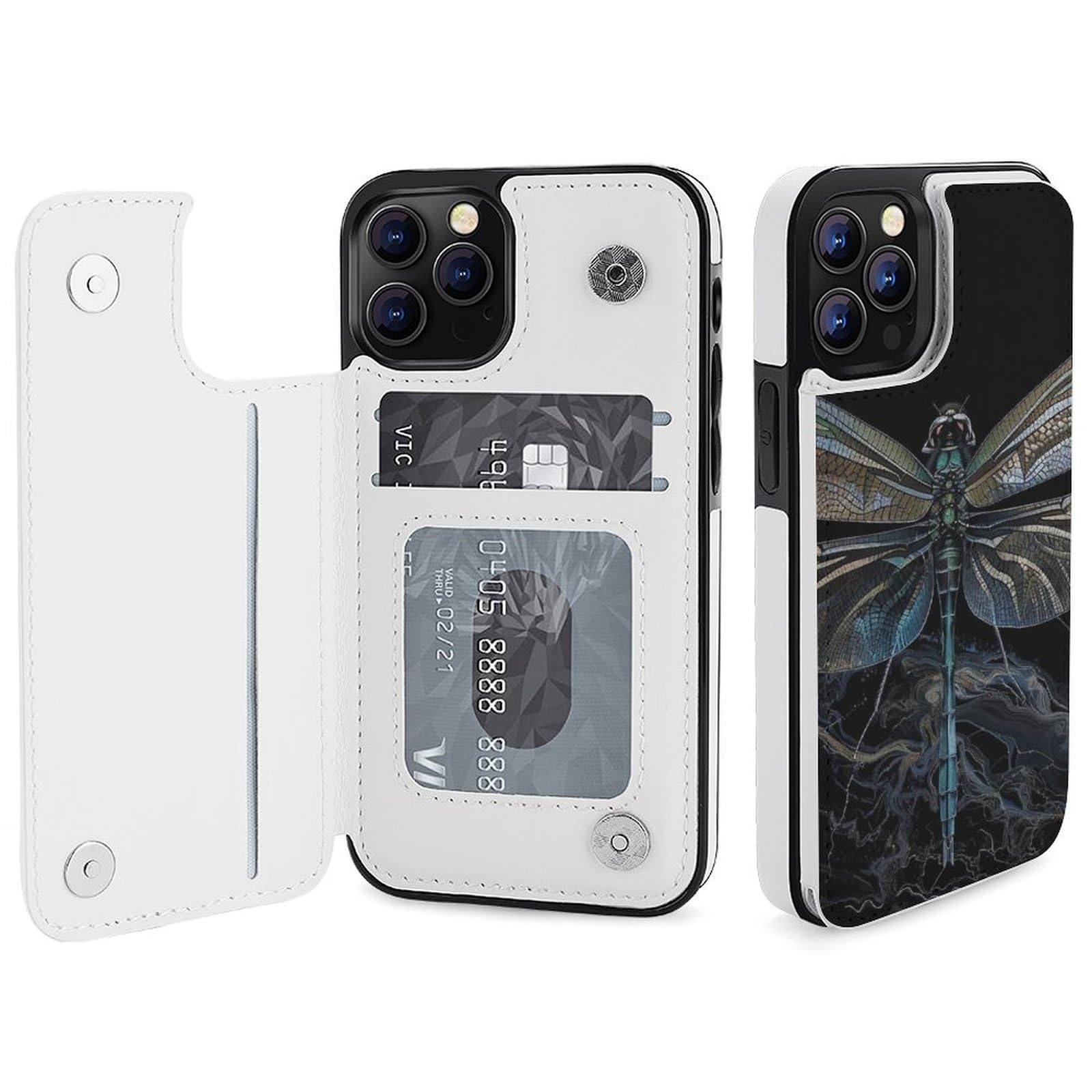 Funda tipo cartera para iPhone 12 Pro, diseño de libélula negra, funda de piel con ranuras para tarjetas
