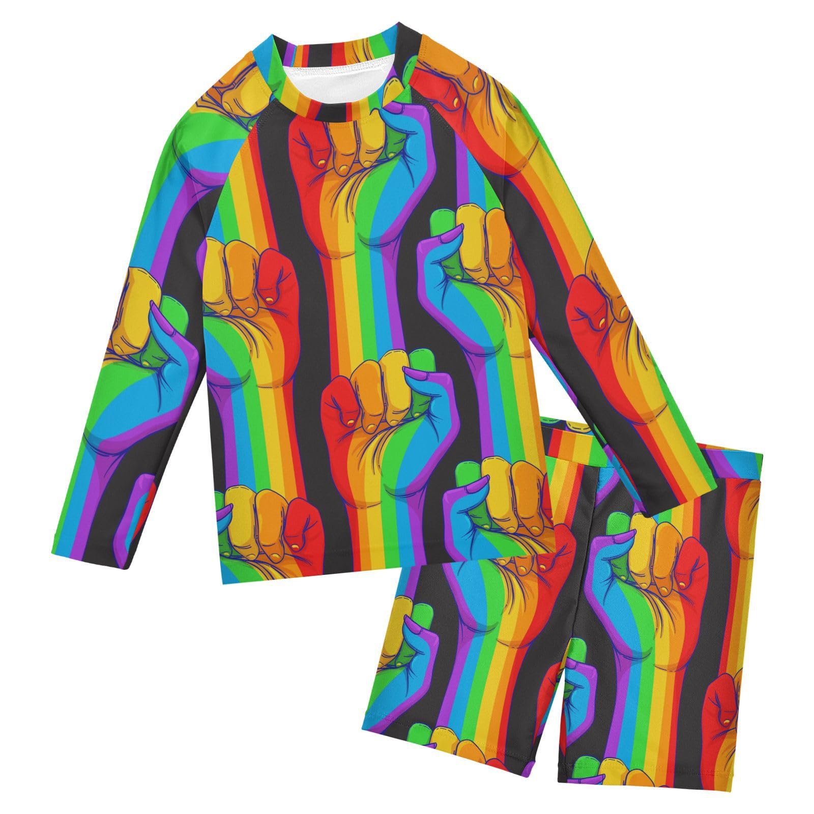 Aflyko Boys' Rash Guard Set Rainbow Fist Gay Pride LGBTQ Crewneck Swim Shirt with Jammer Stretchy Beach Shorts Comfortable Fit Summer Daily Wear, 7-8T