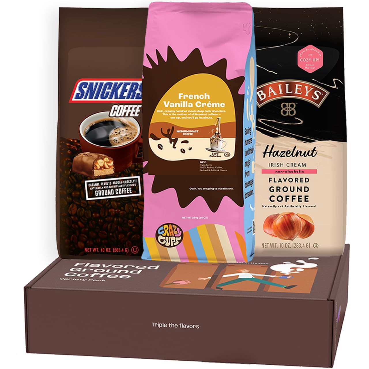 Perfect SamplersFlavored Ground Coffee Gift Box Variety Pack, Snickers, Baileys Hazelnut, French Vanilla, Medium Roast Ground Coffee Sampler, 3 Pack