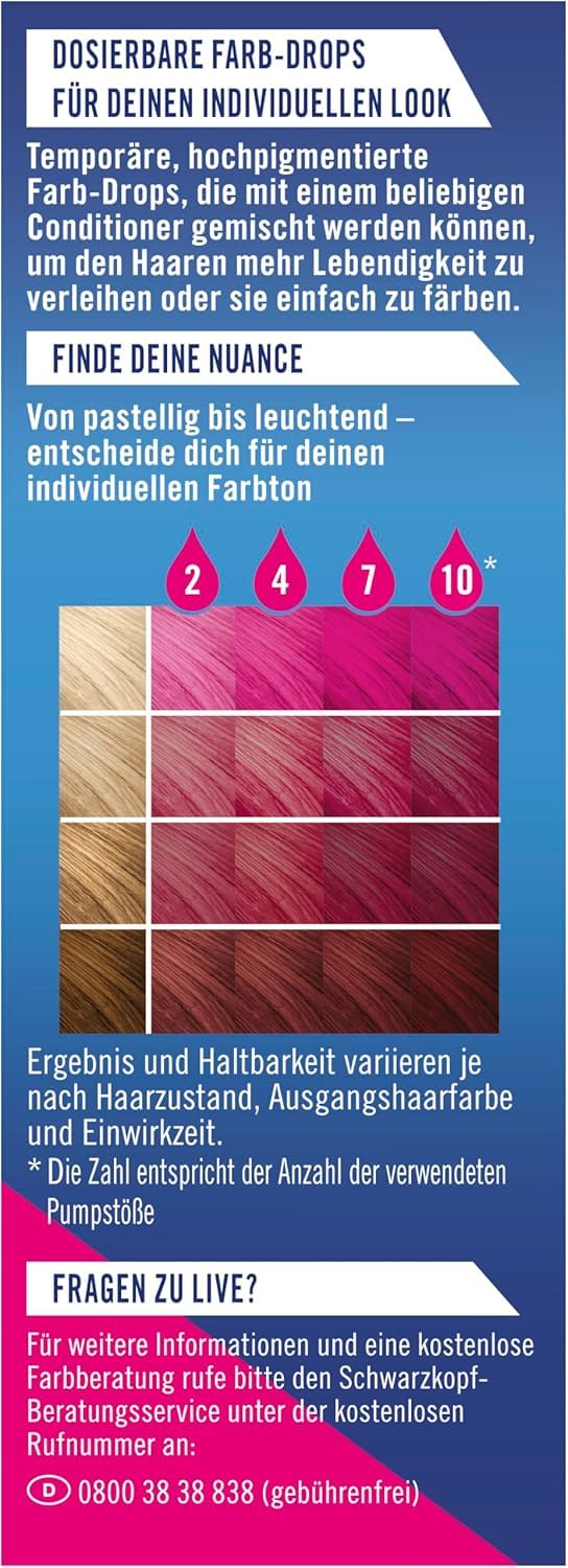 Schwarzkopf Live Color Drops Petal Pink (6 x 30 ml), dosierbare Farb-Drops für einen individuellen Look, Tönung zum Mischen mit dem Conditioner, temporäre Coloration hält bis zu 12 Haarwäschen