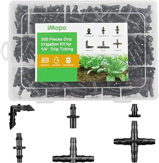 iMopo 300 Pcs Barbed Connectors Irrigation Fittings Kit, Drip Irrigation Fittings 1/4” Tubing Connectors for Drip or Sprinkler Systems-Couplings, Single Barbs, End Plugs, Elbows, Tees, 4-Way Coupler