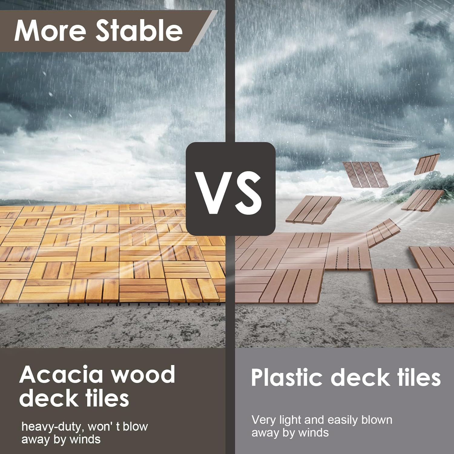 PrimeZone 54 PCS Solid Acacia Wood Interlocking Patio Deck Tiles - 12" x 12" Indoor Outdoor Waterproof Flooring Tiles for Balcony, Backyard & Poolside, All Weather Use, Natural Wood, Checker