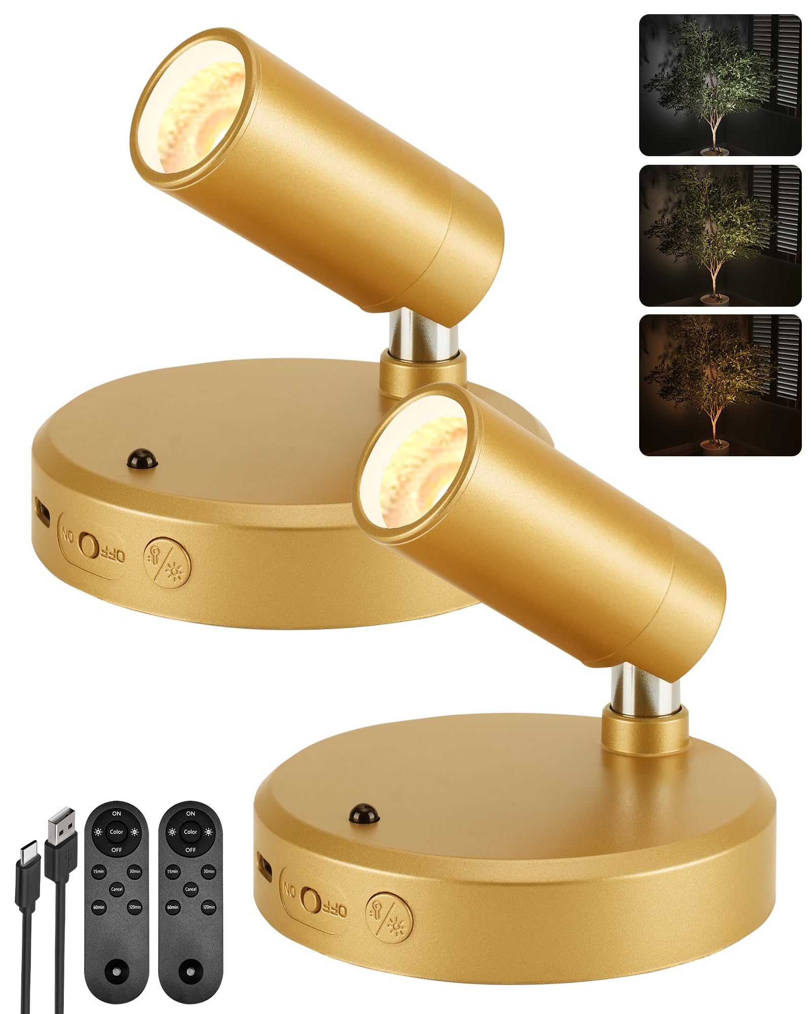EZVALO LED Spotlight Indoor, 5500mAh Rechargeable Battery-Powered Uplights Indoor, Wireless Mini Art Accent Spot Lights with Remote, for Plants, Display, Painting, Artwork, Portrait (2-Pack-Gold)