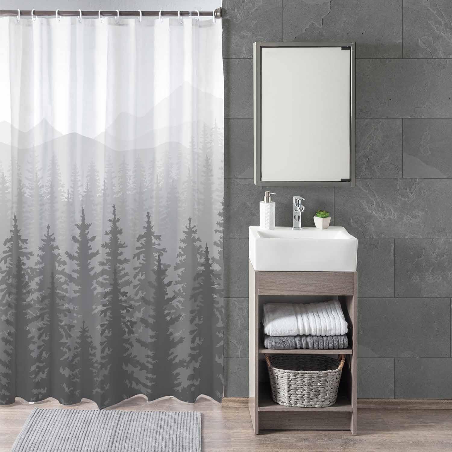 Woutay Shower Curtain Mould Proof Resistant Mountains in The Morning Mist,Water Repellant Fabric,Polyester,with 12 Plastic Hooks - Image 3