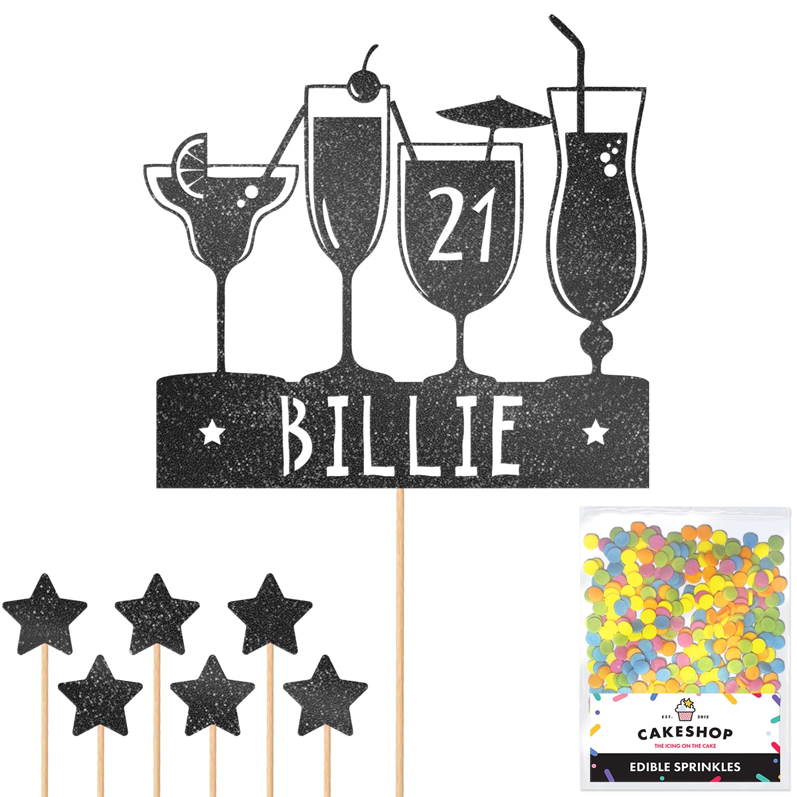 Personalised Cocktail Glitter Cake Topper - Black Any Custom Name & Age Gin Vodka Glitter Cake Decoration and Sprinkles - Happy Birthday Decorations - Personalised Toppers for Cakes by Cakeshop