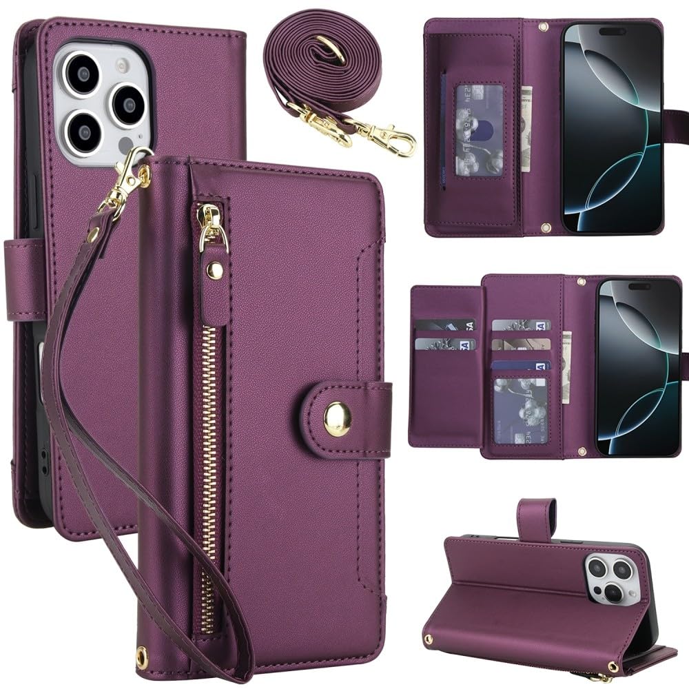 Generic - Funda con tapa para iPhone 8 Plus, 7 Plus, 6Plus, 6S, color rojo perlado, con correa larga
