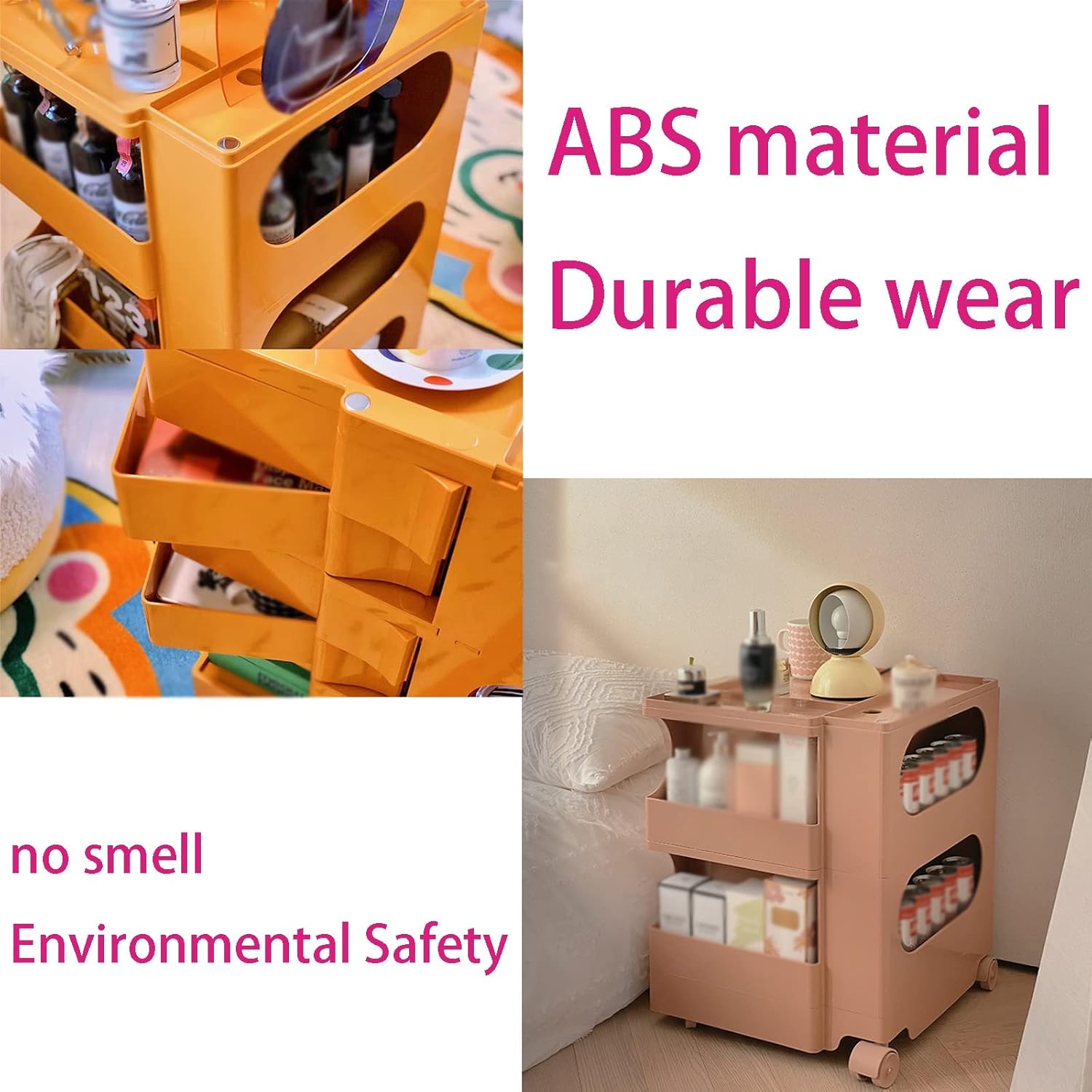 Clear Table with Wheels, 2-Tier Bedroom Side Table, 53x41x43cm, Multiple Colour, ABS Material, 360°Rotating Drawer, Same Color Wheel, Snacks and Drinks Storage, for Living Room Or Bedroom