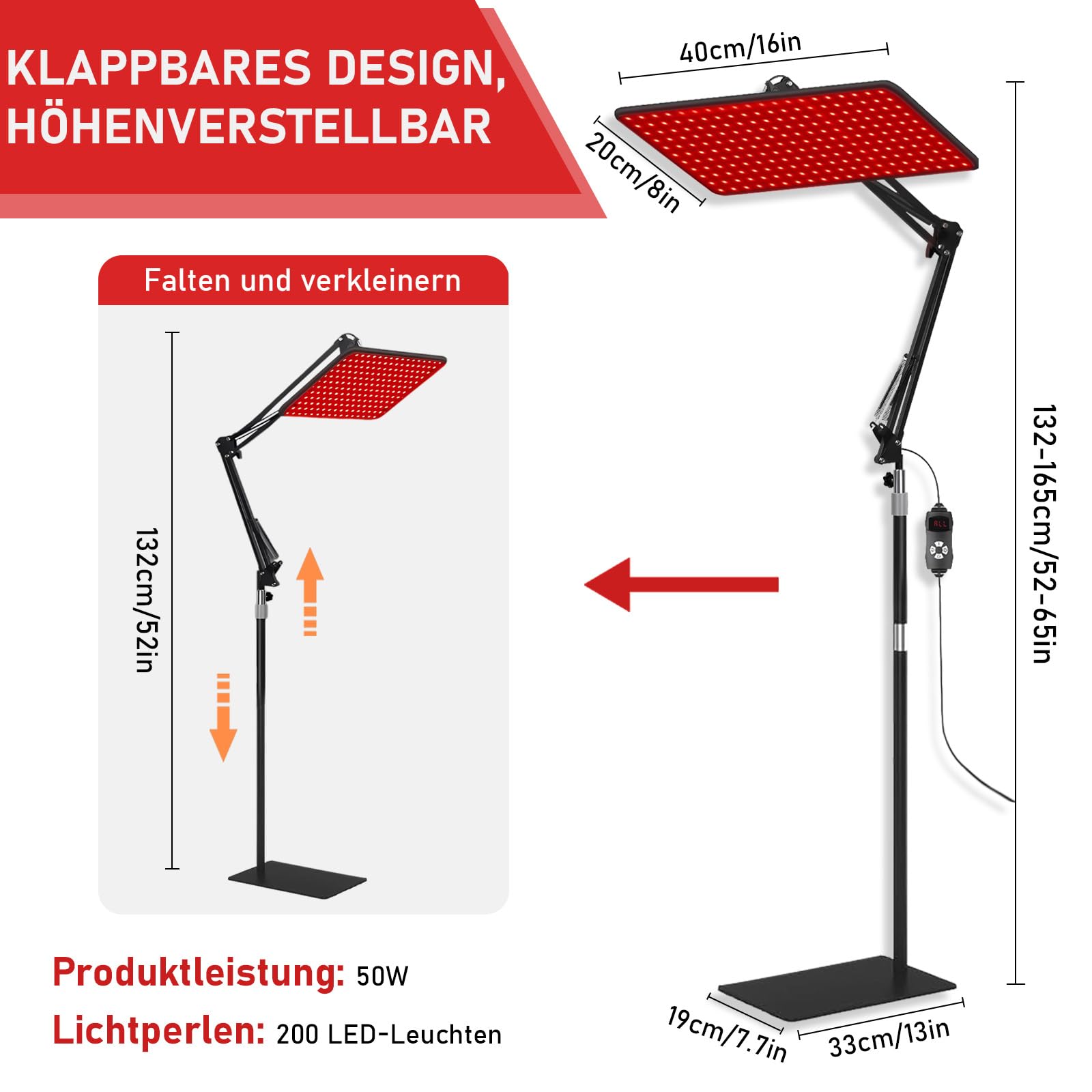 Rotlichtlampe für Ganzkörper & Gesicht Infrarotlampe mit 200 LED Tri-Wellenlänge 660nm, 850nm, 940nm Großes Wärmelampe-Panel mit Verstellbarem Ständer & Schutzbrille ideales Well