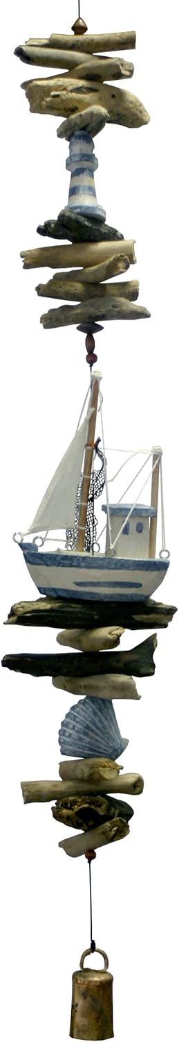 Cohasset Gifts Wind Chime Bell | #593 | Work Boat Cohasset Bell | Nautical, Outdoor, Home Décor for Decks, Garden, Porch | White & Blue Distressed Finish |