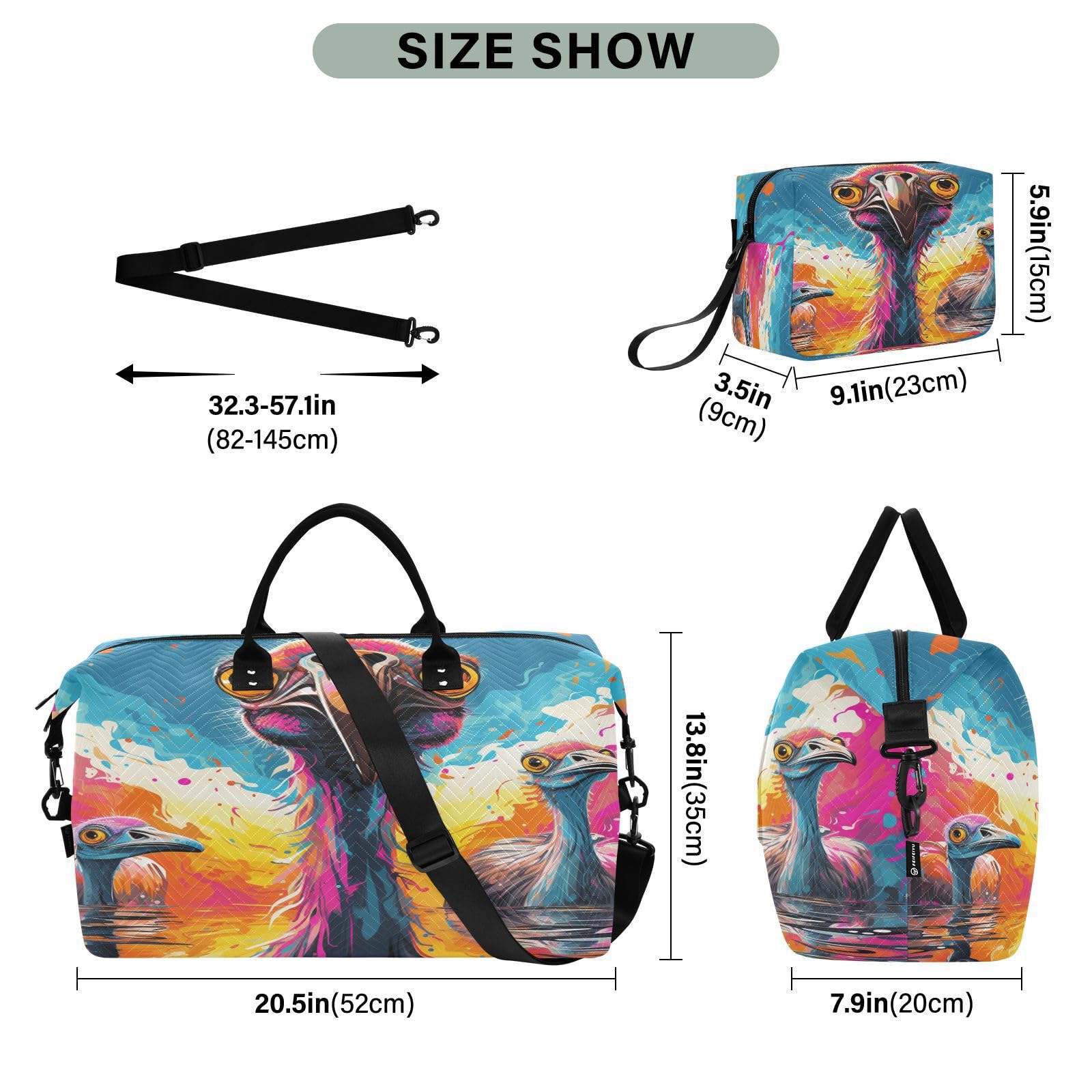 Aquarell Strauße Cartoon-Kunst Sporttasche Handtasche mit Make-up Aufbewahrungstasche Badetasche für Reisen Mädchen Männer