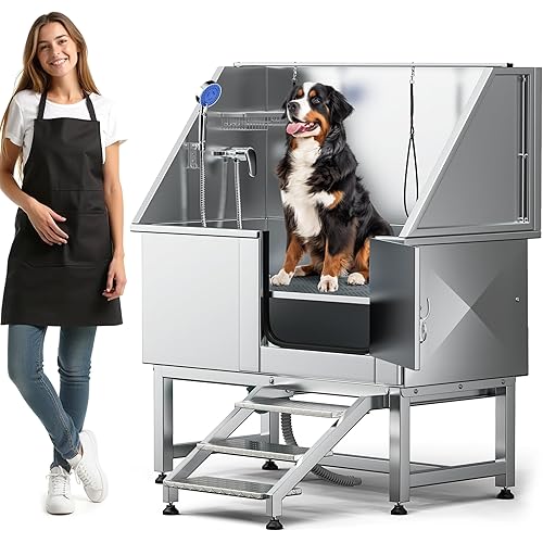 DWVO Professional Pet Dog Bathing Station for Grooming, 50'' Dog Grooming Bathtub with Right Staris, Floor Grate, Faucet, Showerhead & Soap Holder for Large, Medium & Small Pets