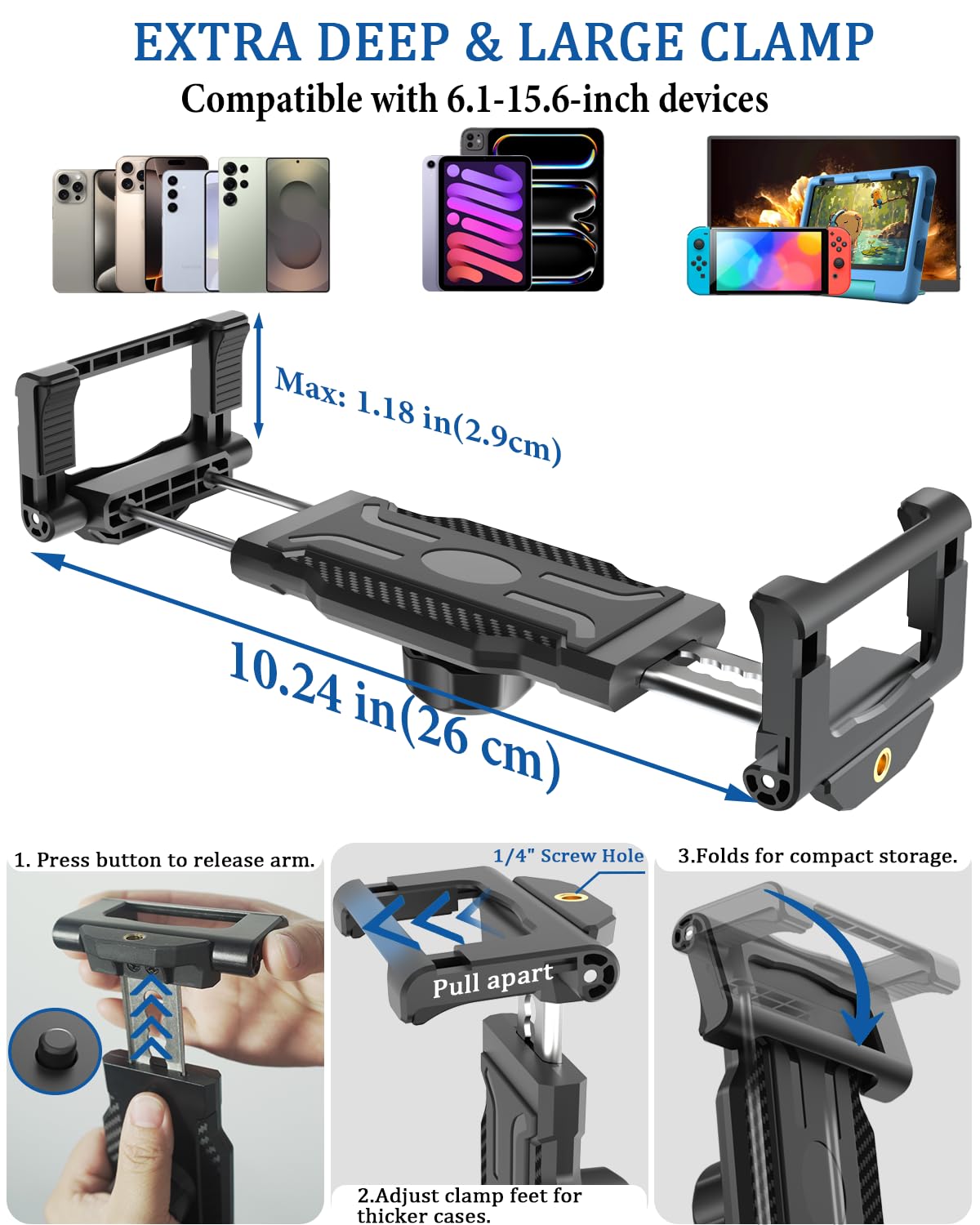 Soporte para tablet de coche para salpicadero/parabrisas, [succión de 66 LBF] Soporte ajustable de metal de 360° para iPad Pro/Air/Mini, Galaxy Tab, Fire, iPhone, se adapta a tabletas y