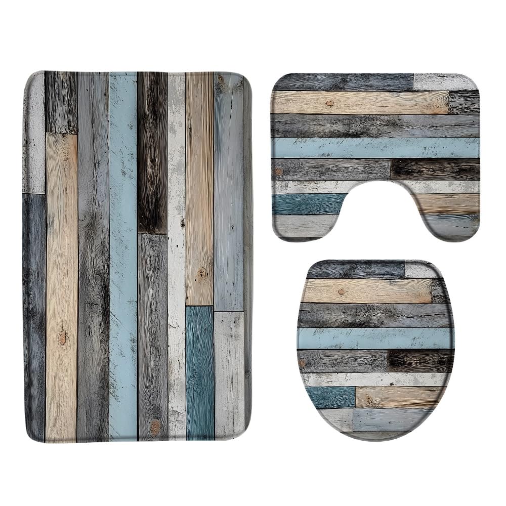 EUBTPA 3 Pcs Rustic Wooden Bath Mat Set with Toilet Lid Cover U-Shaped Cover Blue Teal Vintage Barn Door Country Western Farmhouse Bathroom Mat