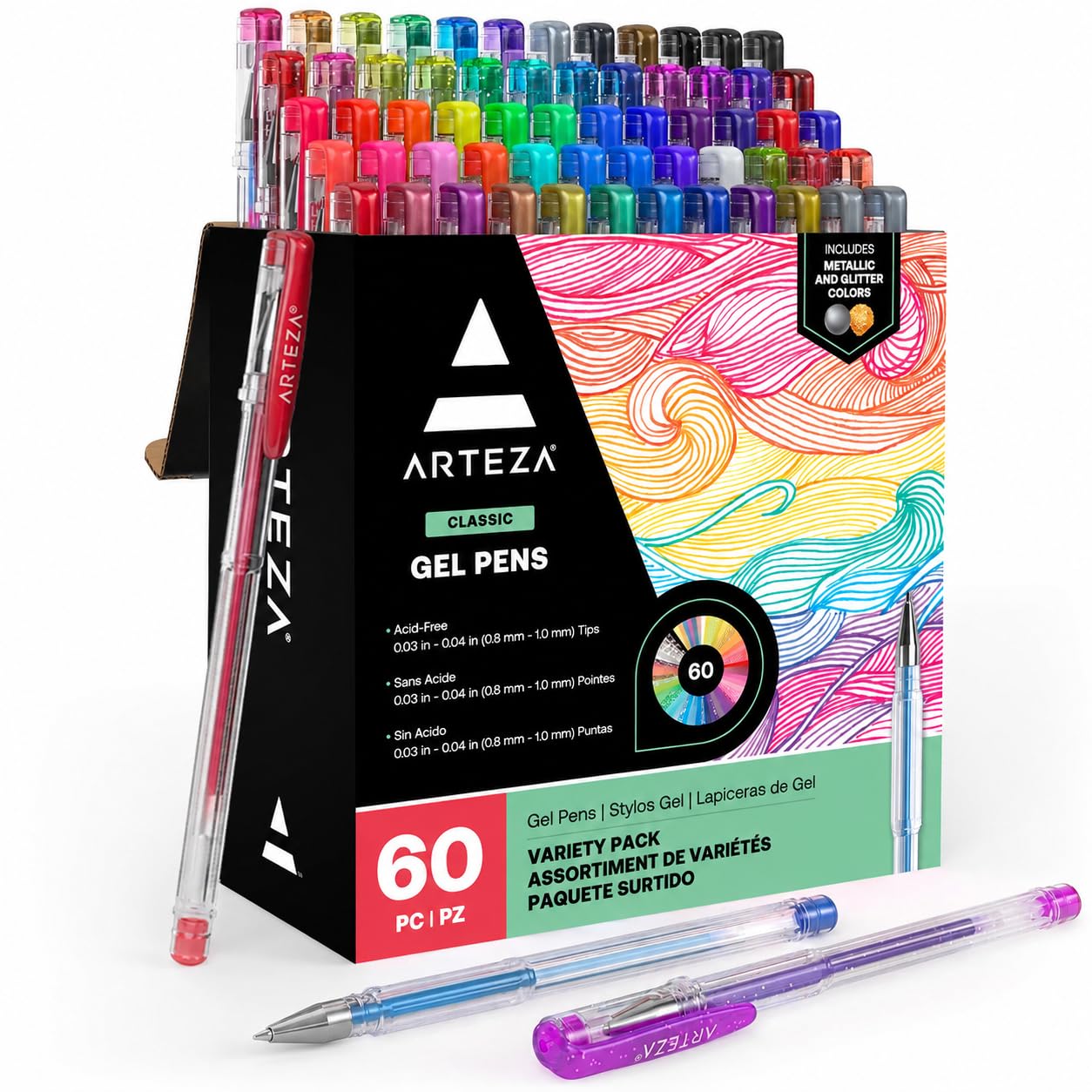 ARTEZA Gel Pens, 60 Colors, Fine Point, Assorted Ink Finishes for Coloring