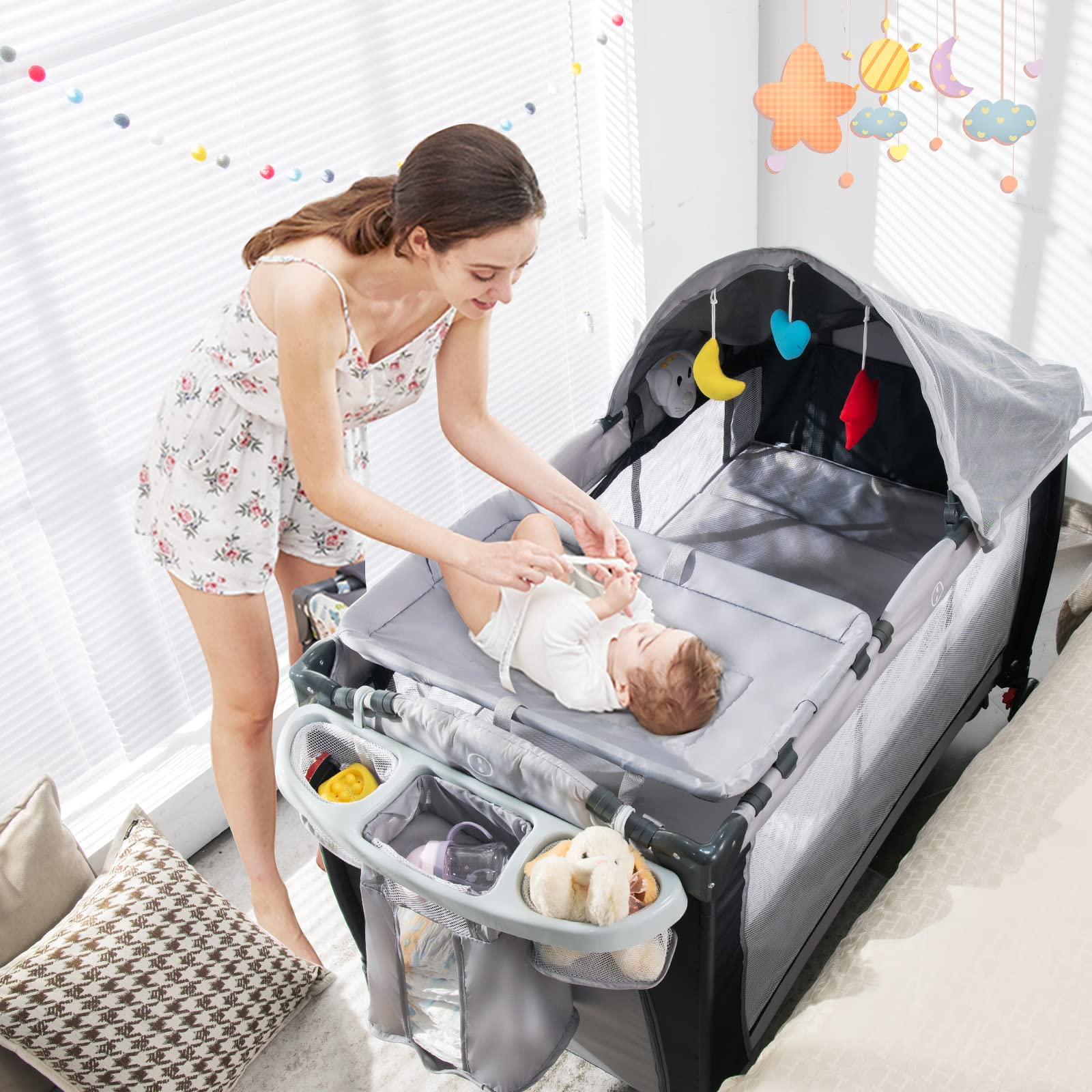 RELAX4LIFE Lettino da Campeggio per Bambini, Lettino Pieghevole con Fasciatoio e Zanzariera, Modalità Dondolo, Culla Neonato per Bambini Fino a 15 kg, 0-36 Mesi (Grigio)
