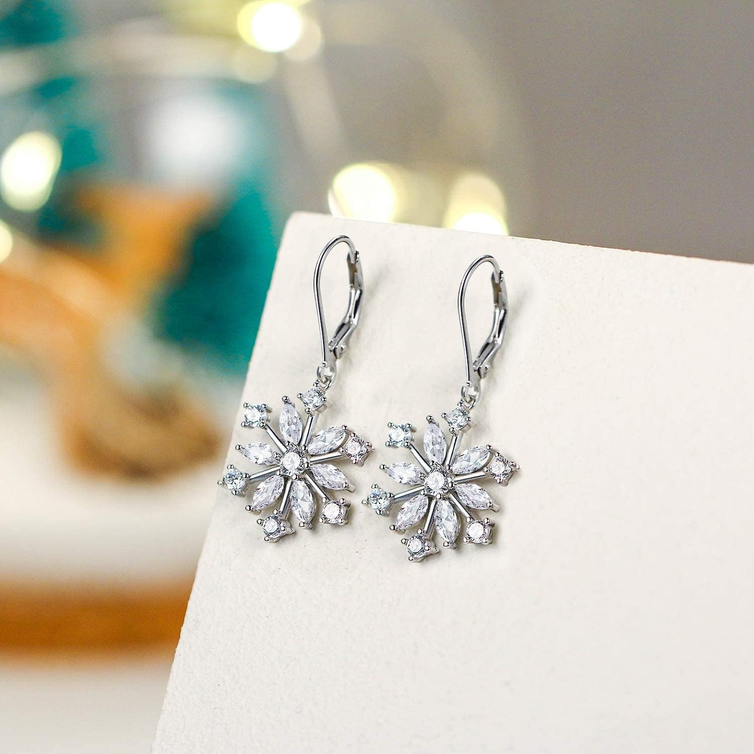 EVER FAITH Snowflake Jewerly Sterling Silver Winter Accessory Sparkle Cubic Zirconia Flower Leverback Earrings for Womens - Image 6