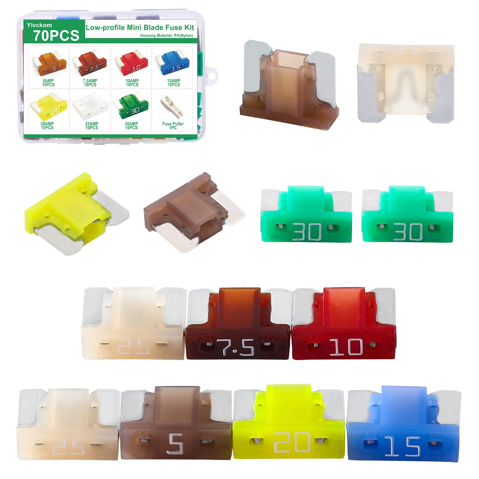 70 fusibles automotrices para automóvil, kit surtido de fusibles de coche, mini fusibles de hoja automática de perfil bajo para automóvil, SUV, camión, caravana, accesorios de caravana (5A/7.5A/10A